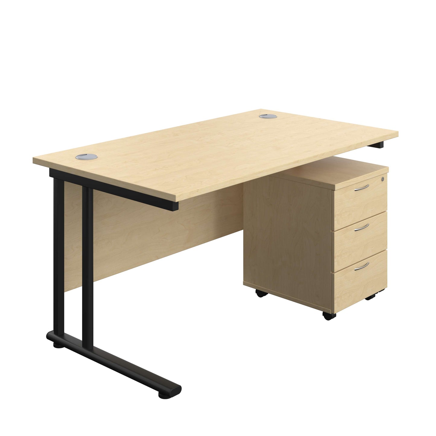 Twin Upright Rectangular Desk + Mobile 3 Drawer Pedestal (FSC) | 1400X800 | Maple/Black