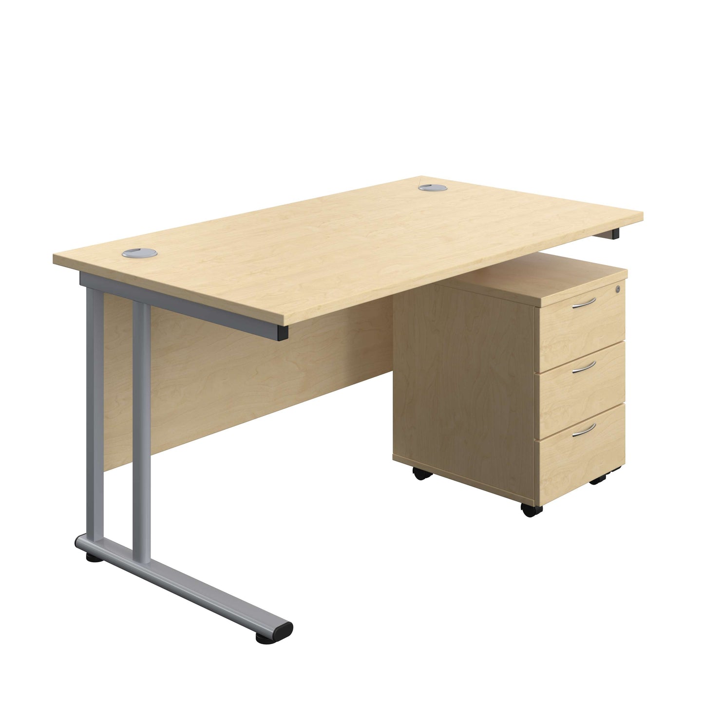 Twin Upright Rectangular Desk + Mobile 3 Drawer Pedestal (FSC) | 1400X800 | Maple/Silver