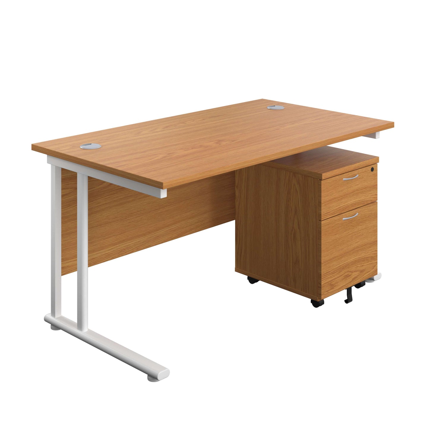 Twin Upright Rectangular Desk + Mobile 2 Drawer Pedestal (FSC) | 1400X800 | Nova Oak/White