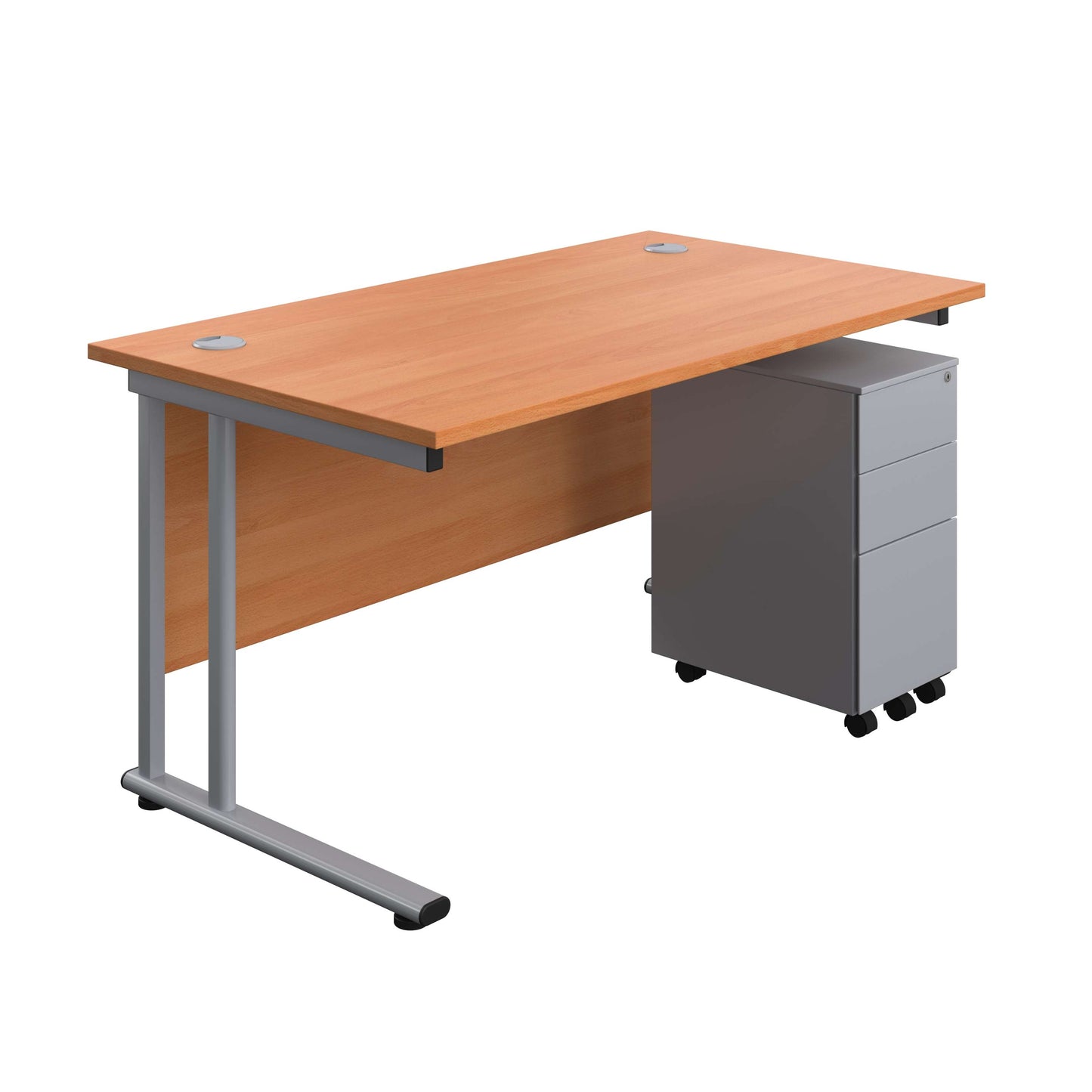 Twin Upright Rectangular Desk + Slimline Steel Pedestal 3 Drawers (FSC) | 1400X800 | Beech/Silver