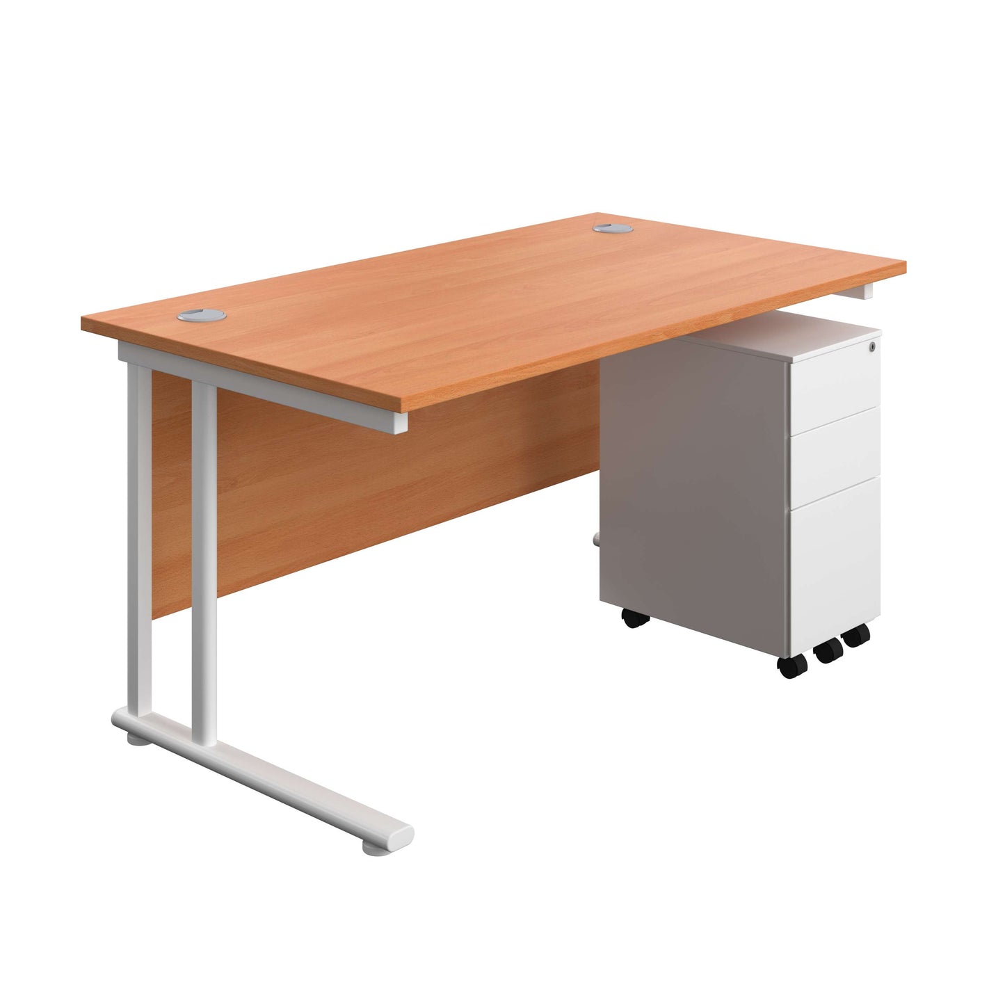 Twin Upright Rectangular Desk + Slimline Steel Pedestal 3 Drawers (FSC) | 1400X800 | Beech/White