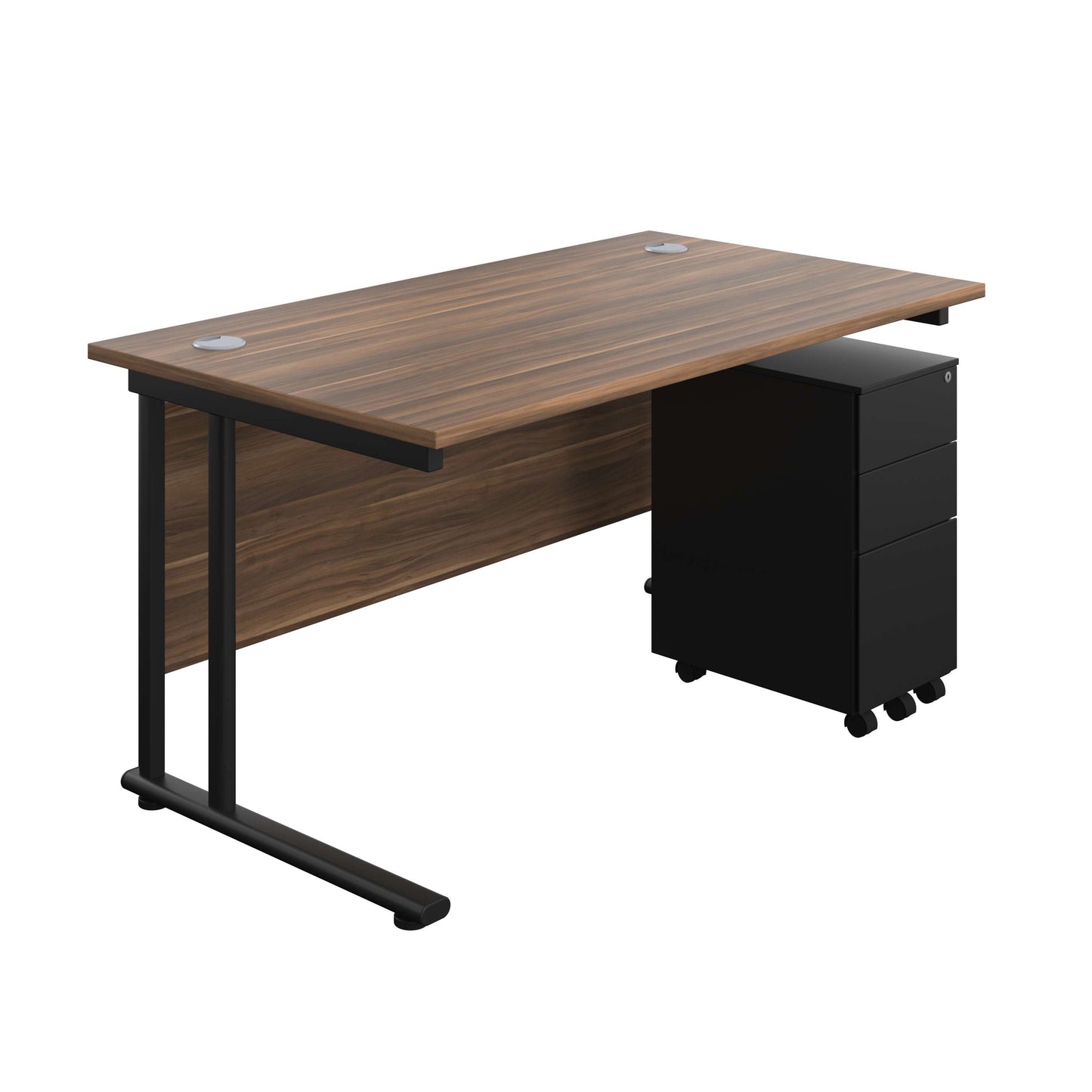 Twin Upright Rectangular Desk + Slimline Steel Pedestal 3 Drawers (FSC) | 1400X800 | Dark Walnut/Black