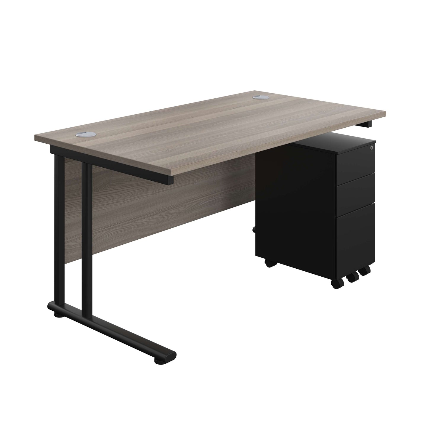 Twin Upright Rectangular Desk + Slimline Steel Pedestal 3 Drawers (FSC) | 1400X800 | Grey Oak/Black