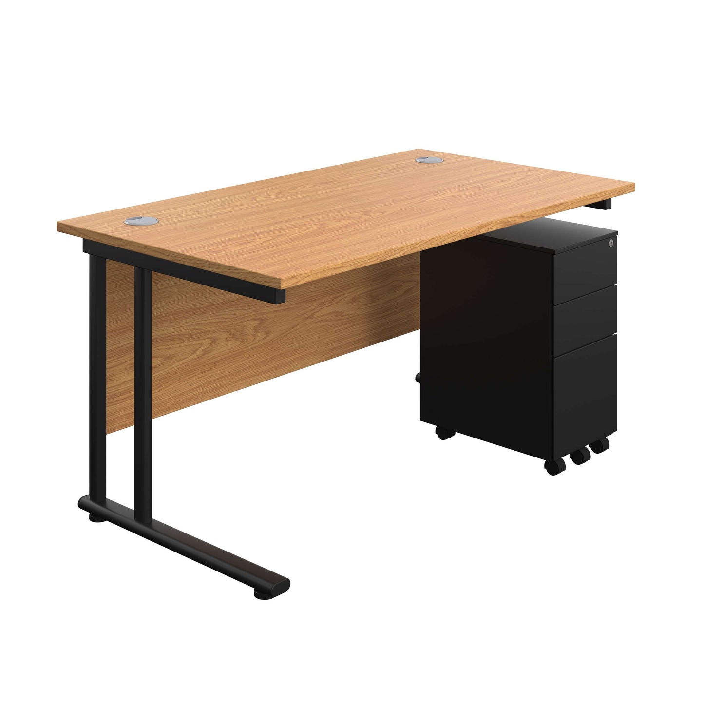 Twin Upright Rectangular Desk + Slimline Steel Pedestal 3 Drawers (FSC) | 1400X800 | Nova Oak/Black