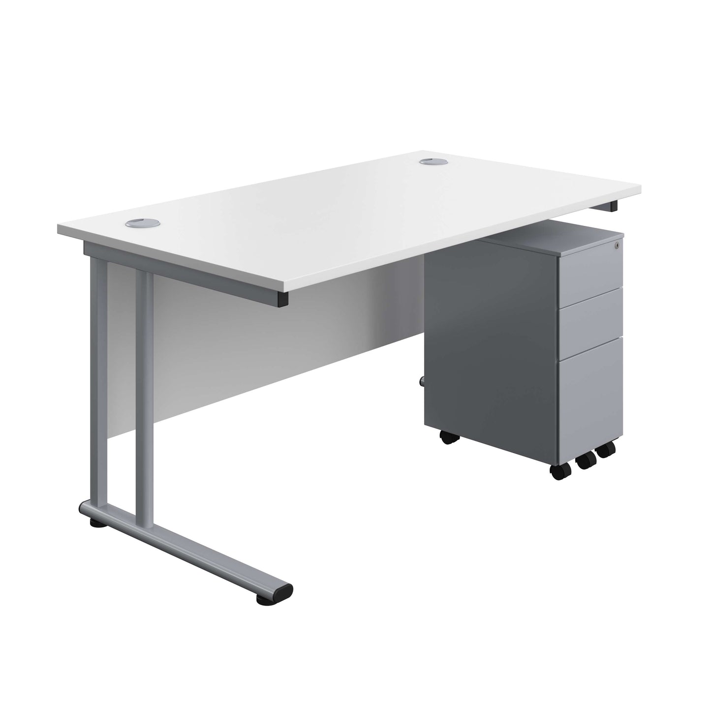 Twin Upright Rectangular Desk + Slimline Steel Pedestal 3 Drawers (FSC) | 1400X800 | White/Silver