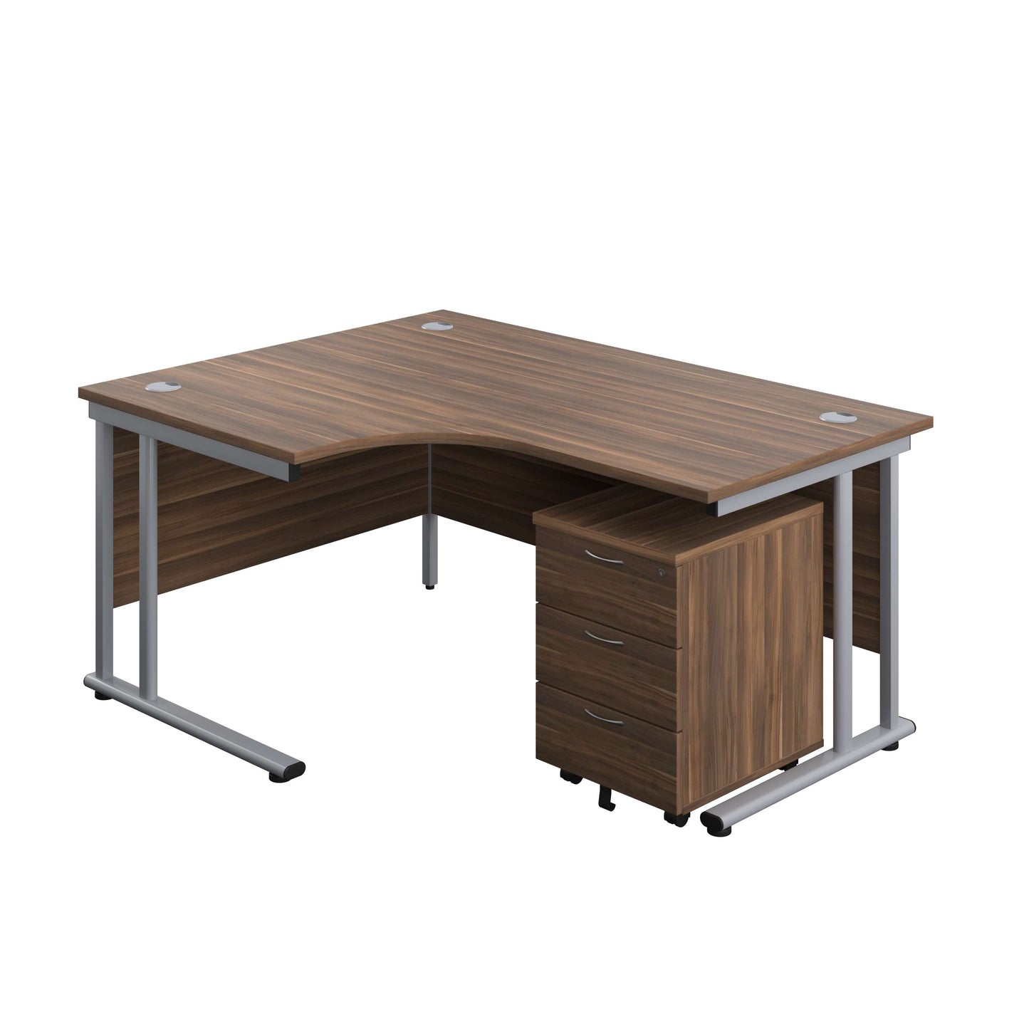 Twin Upright Left Hand Radial Desk + Mobile 3 Drawer Pedestal (FSC) | 1600X1200 | Dark Walnut/Silver
