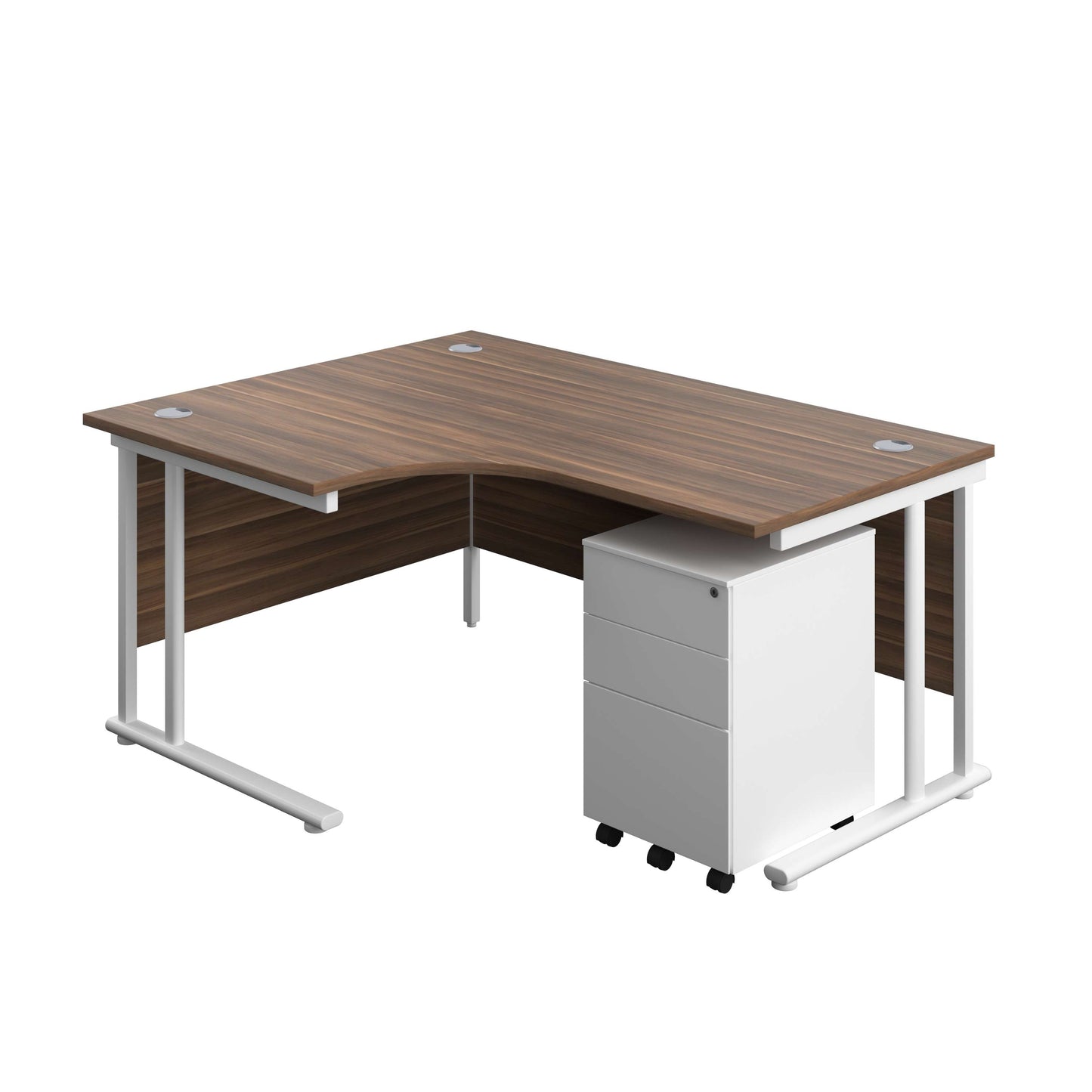 Twin Upright Left Hand Radial Desk + Under Desk Steel Pedestal 3 Drawers (FSC) | 1600X1200 | Dark Walnut/White