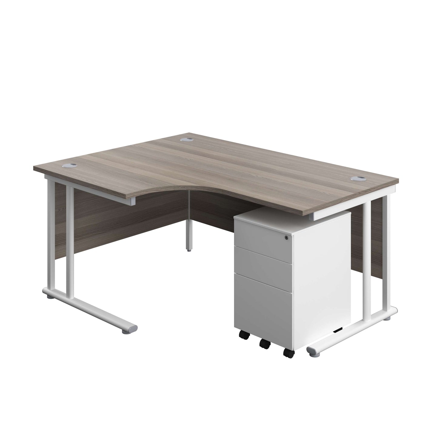 Twin Upright Left Hand Radial Desk + Under Desk Steel Pedestal 3 Drawers (FSC) | 1600X1200 | Grey Oak/White