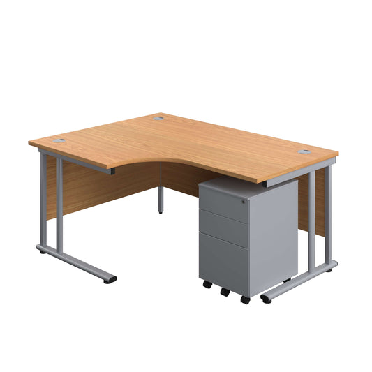 Twin Upright Left Hand Radial Desk + Under Desk Steel Pedestal 3 Drawers (FSC) | 1600X1200 | Nova Oak/Silver