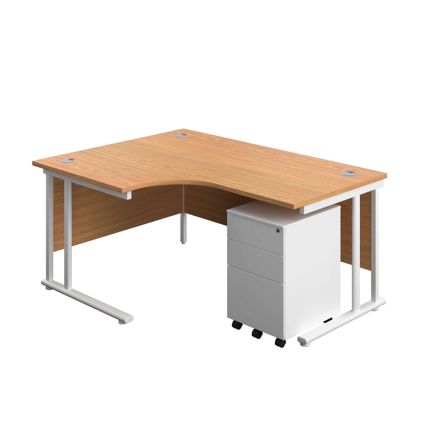 Twin Upright Left Hand Radial Desk + Under Desk Steel Pedestal 3 Drawers (FSC) | 1600X1200 | Nova Oak/White