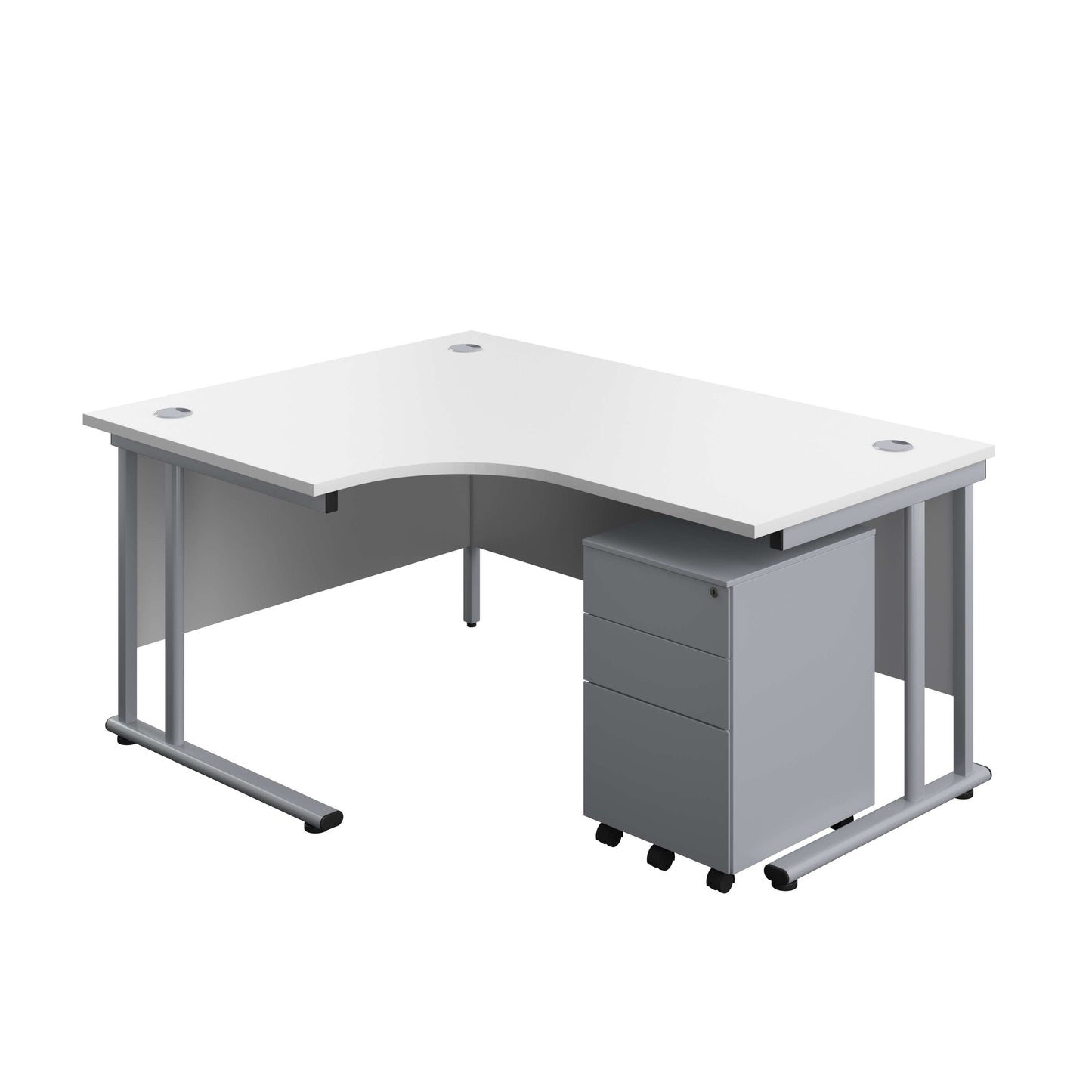 Twin Upright Left Hand Radial Desk + Under Desk Steel Pedestal 3 Drawers (FSC) | 1600X1200 | White/Silver
