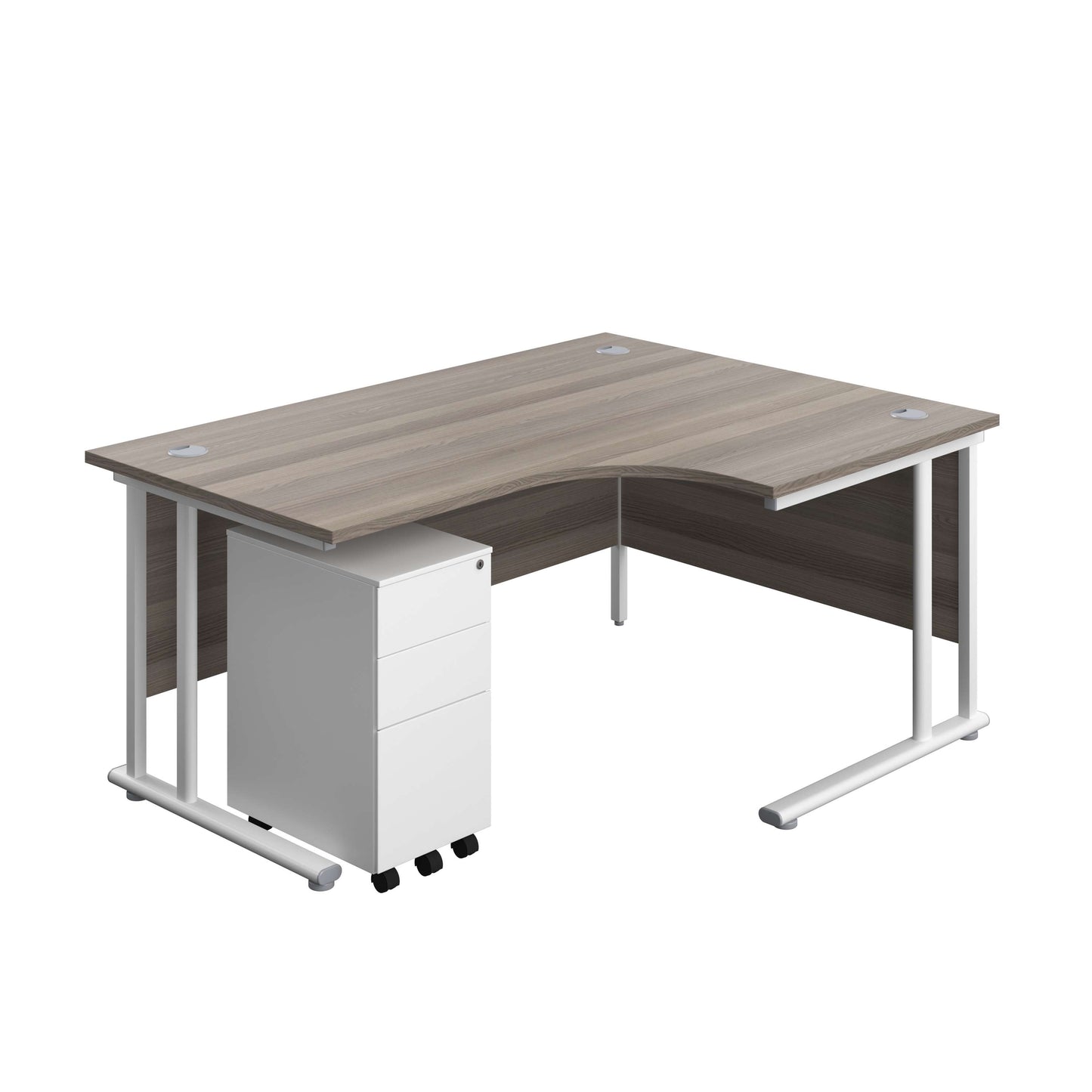 Twin Upright Right Hand Radial Desk + Slimline Steel Pedestal 3 Drawers (FSC) | 1600X1200 | Grey Oak/White