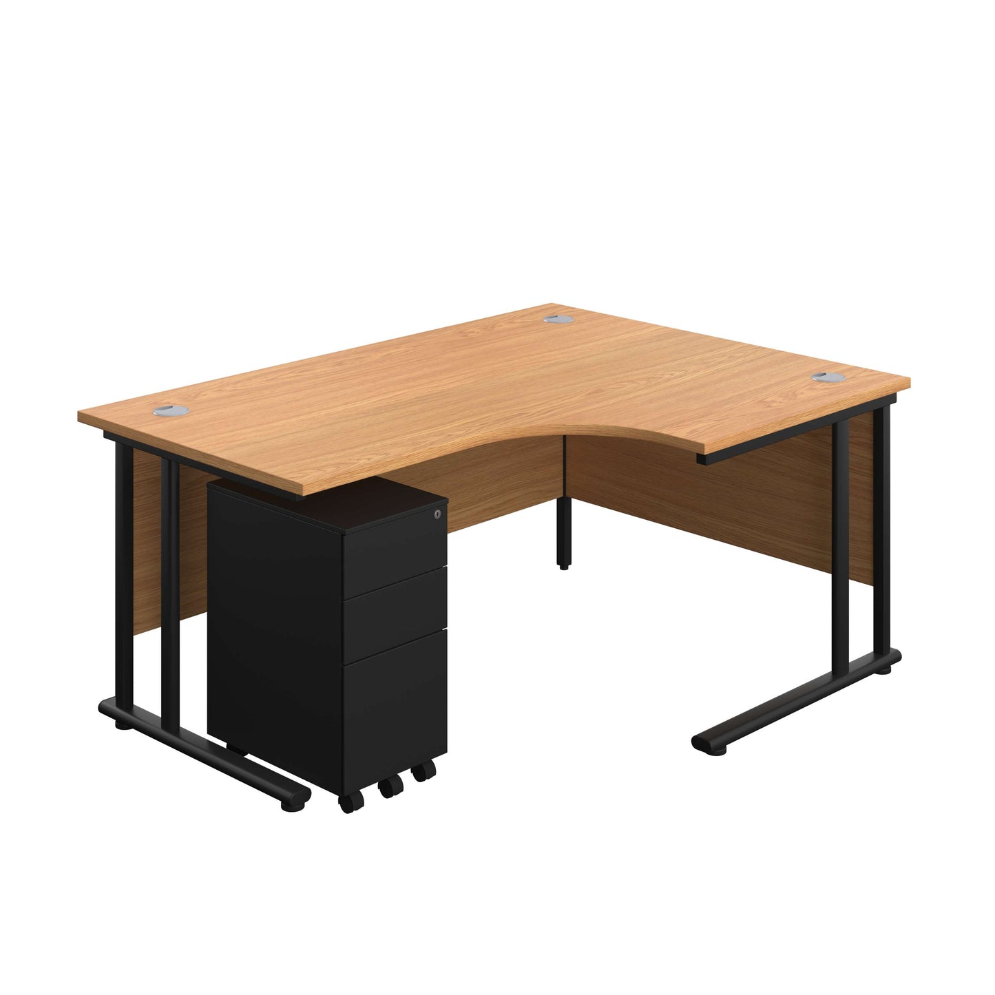 Twin Upright Right Hand Radial Desk + Slimline Steel Pedestal 3 Drawers (FSC) | 1600X1200 | Nova Oak/Black