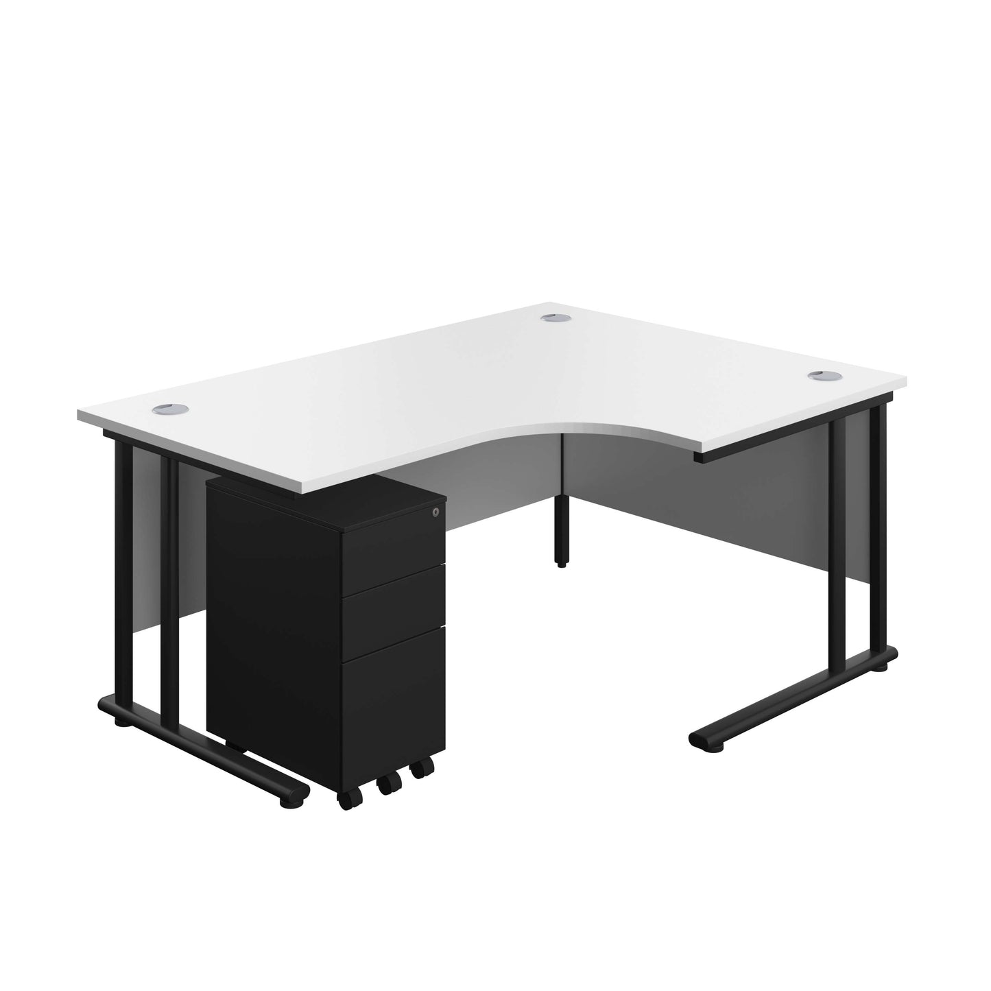 Twin Upright Right Hand Radial Desk + Slimline Steel Pedestal 3 Drawers (FSC) | 1600X1200 | White/Black