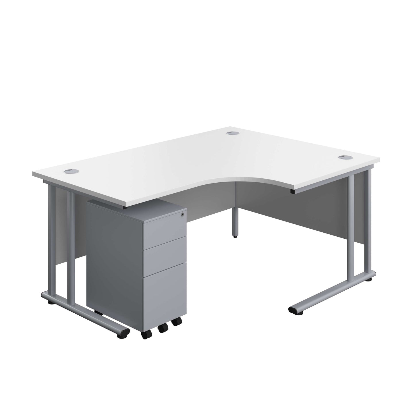 Twin Upright Right Hand Radial Desk + Slimline Steel Pedestal 3 Drawers (FSC) | 1600X1200 | White/Silver