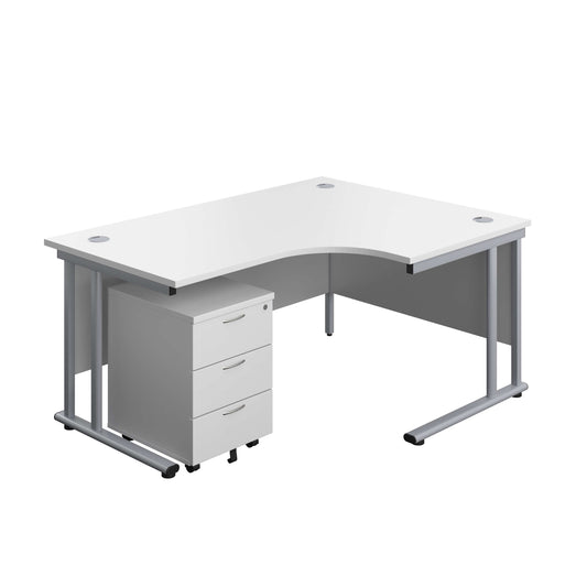 Twin Upright Right Hand Radial Desk + Mobile 3 Drawer Pedestal (FSC) | 1600X1200 | White/Silver