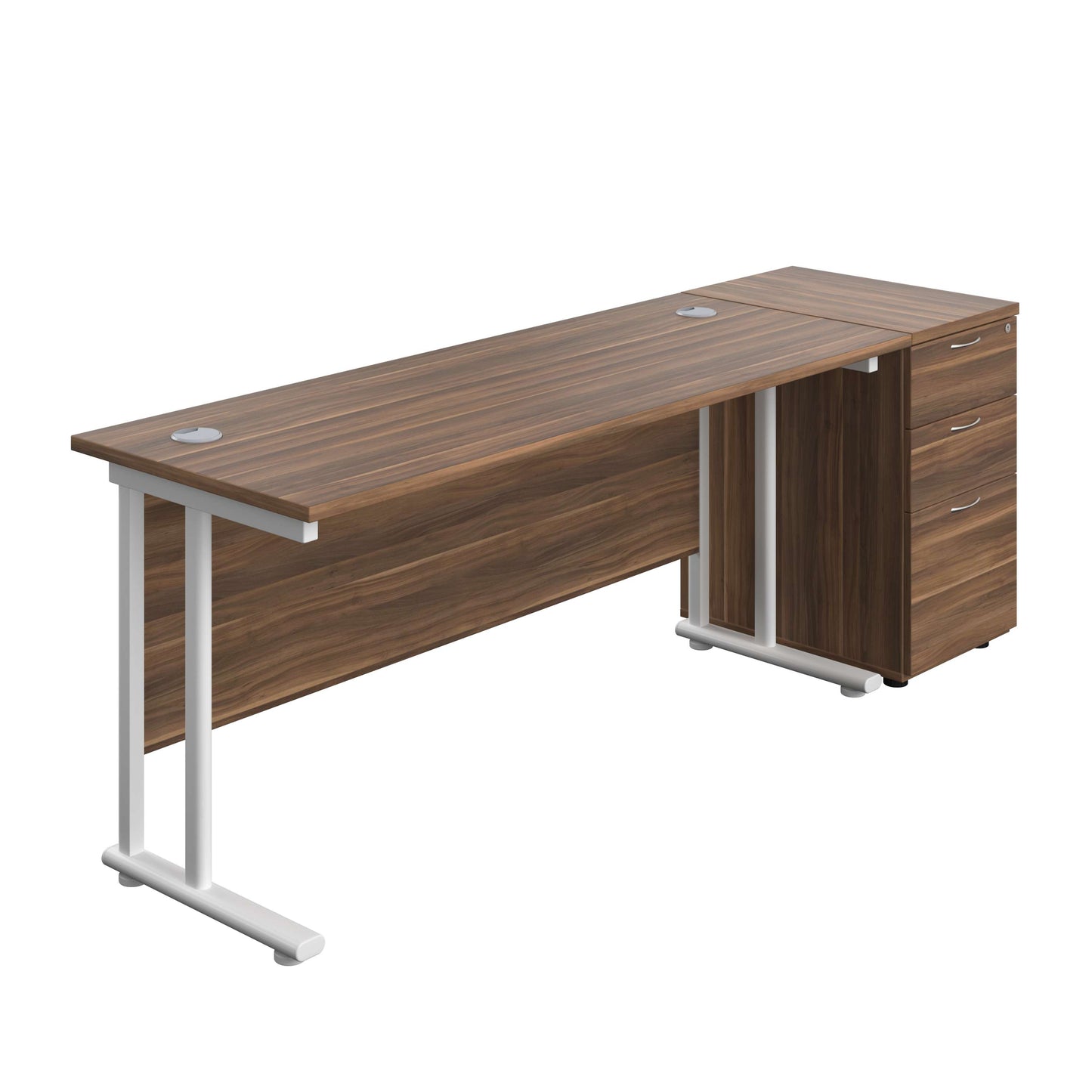 Twin Upright Rectangular Desk + Desk High 3 Drawer Pedestal (FSC) | 1600X600 | Dark Walnut/White