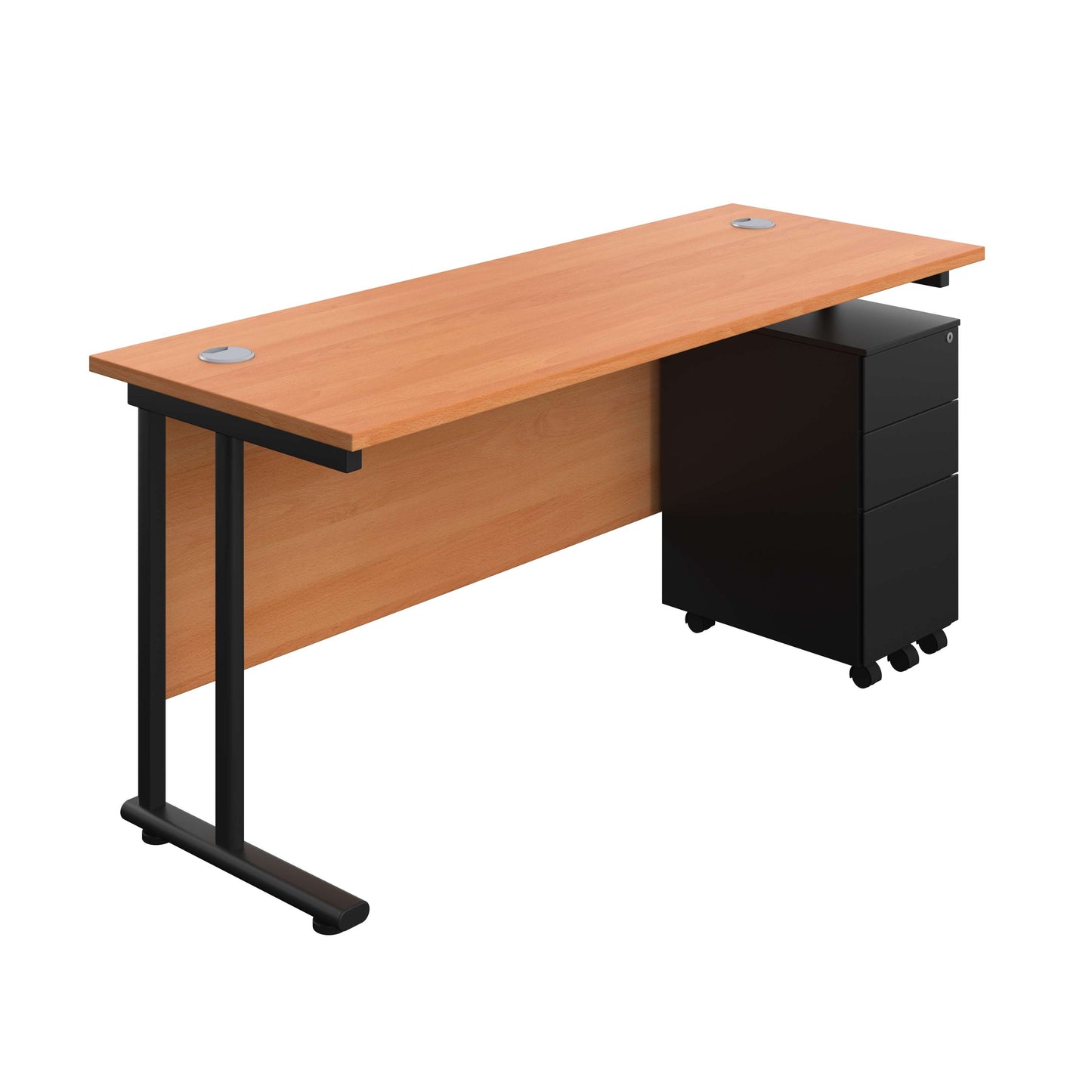 Twin Upright Rectangular Desk + Slimline Steel Pedestal 3 Drawers (FSC) | 1600X600 | Beech/Black
