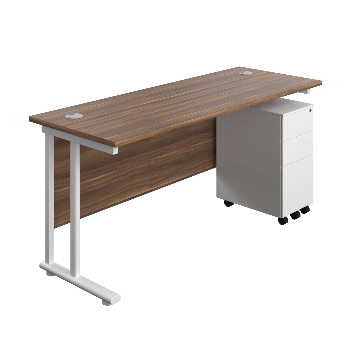 Twin Upright Rectangular Desk + Slimline Steel Pedestal 3 Drawers (FSC) | 1600X600 | Dark Walnut/White