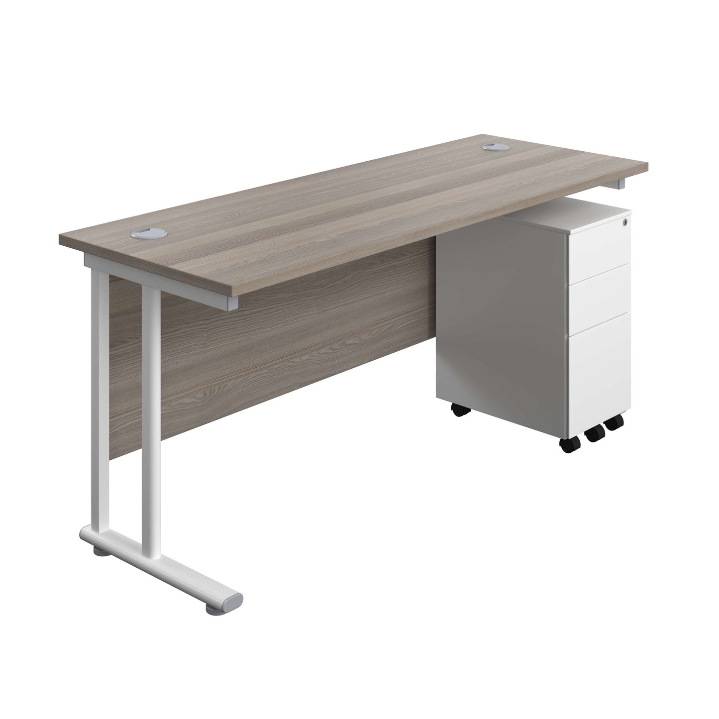 Twin Upright Rectangular Desk + Slimline Steel Pedestal 3 Drawers (FSC) | 1600X600 | Grey Oak/White