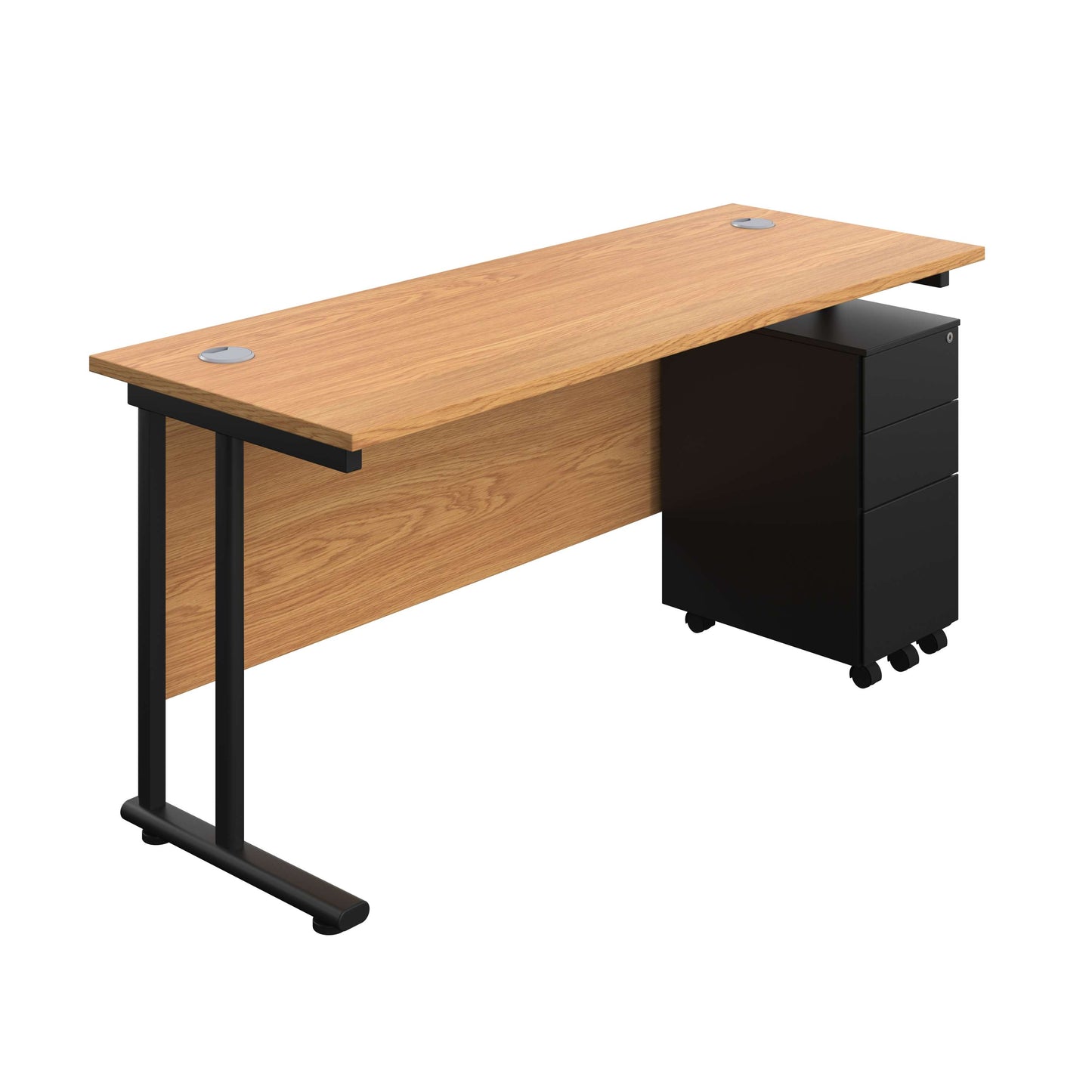 Twin Upright Rectangular Desk + Slimline Steel Pedestal 3 Drawers (FSC) | 1600X600 | Nova Oak/Black