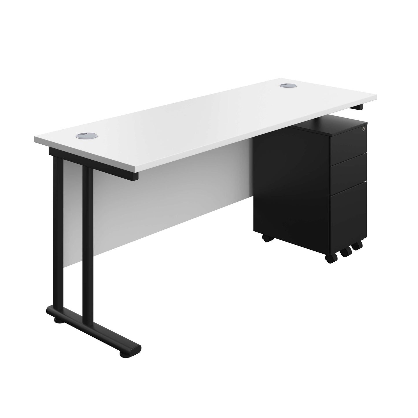 Twin Upright Rectangular Desk + Slimline Steel Pedestal 3 Drawers (FSC) | 1600X600 | White/Black