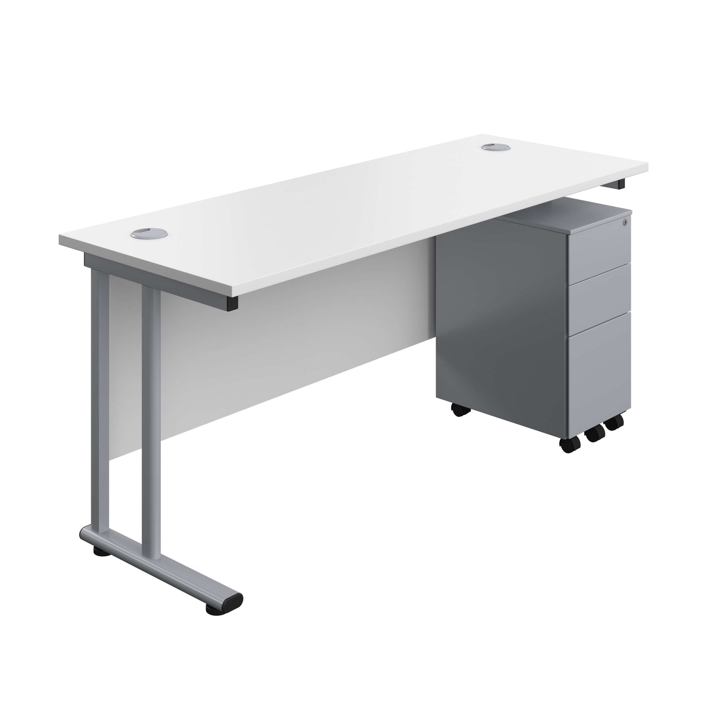 Twin Upright Rectangular Desk + Slimline Steel Pedestal 3 Drawers (FSC) | 1600X600 | White/Silver