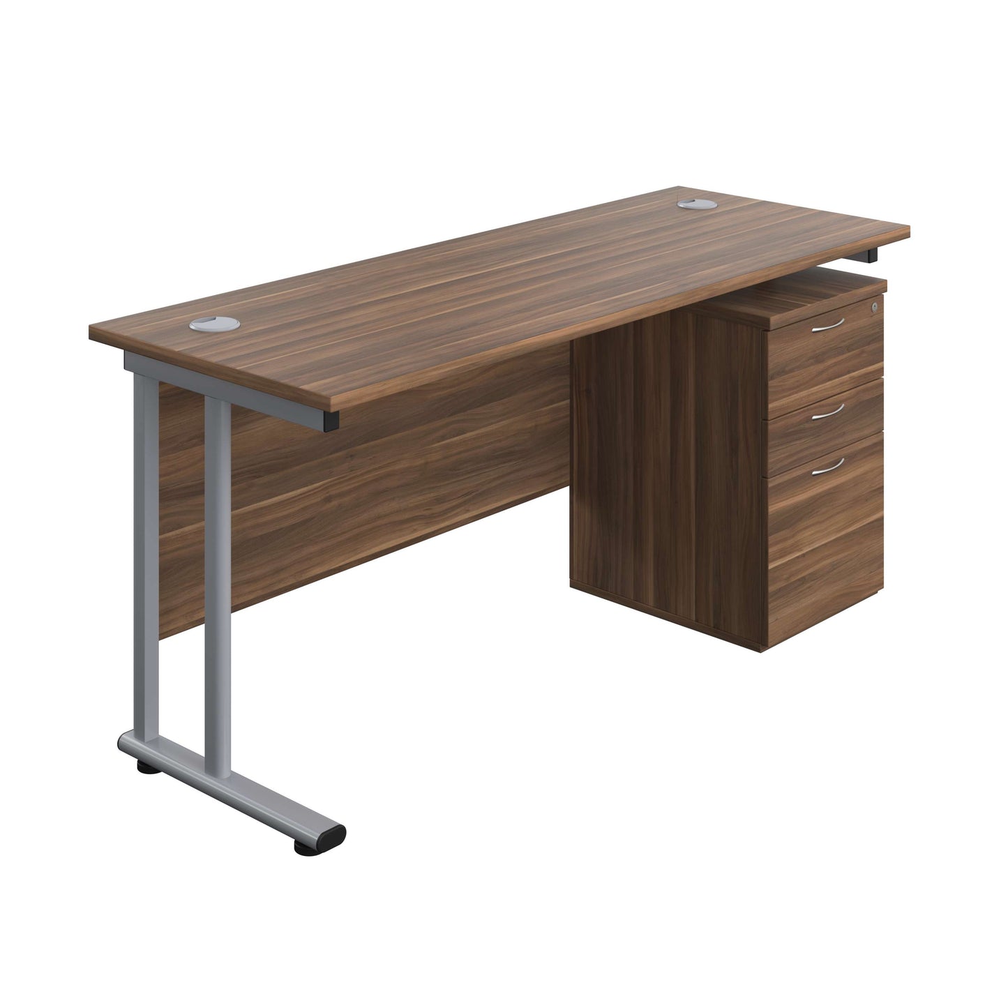 Twin Upright Rectangular Desk + High Mobile Pedestal 3 Drawer (FSC) | 1600X600 | Dark Walnut/Silver