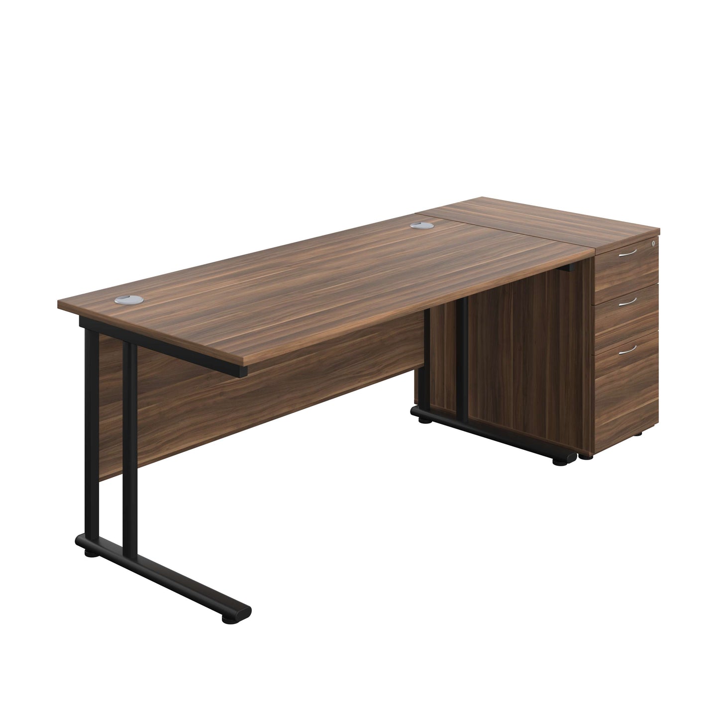 Twin Upright Rectangular Desk + Desk High 3 Drawer Pedestal (FSC) | 1600X800 | Dark Walnut/Black