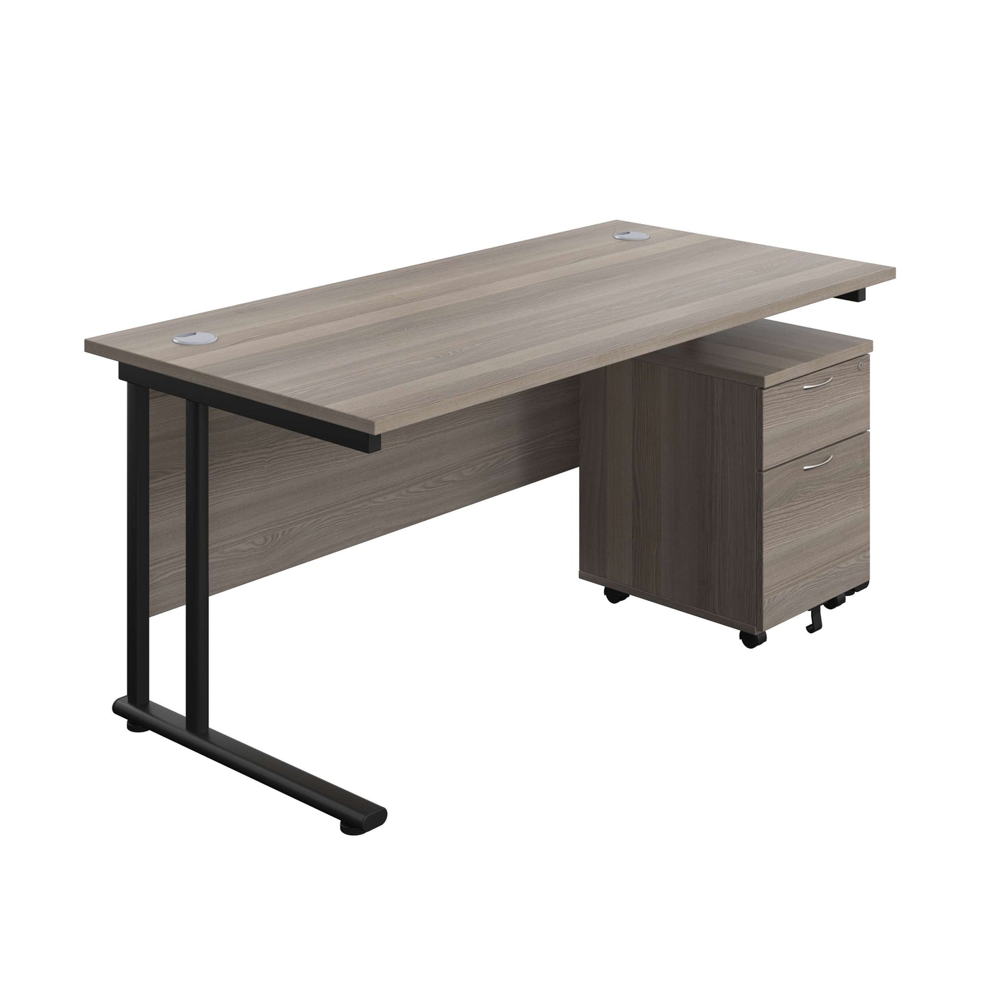 Twin Upright Rectangular Desk + Mobile 2 Drawer Pedestal (FSC) | 1600X800 | Grey Oak/Black