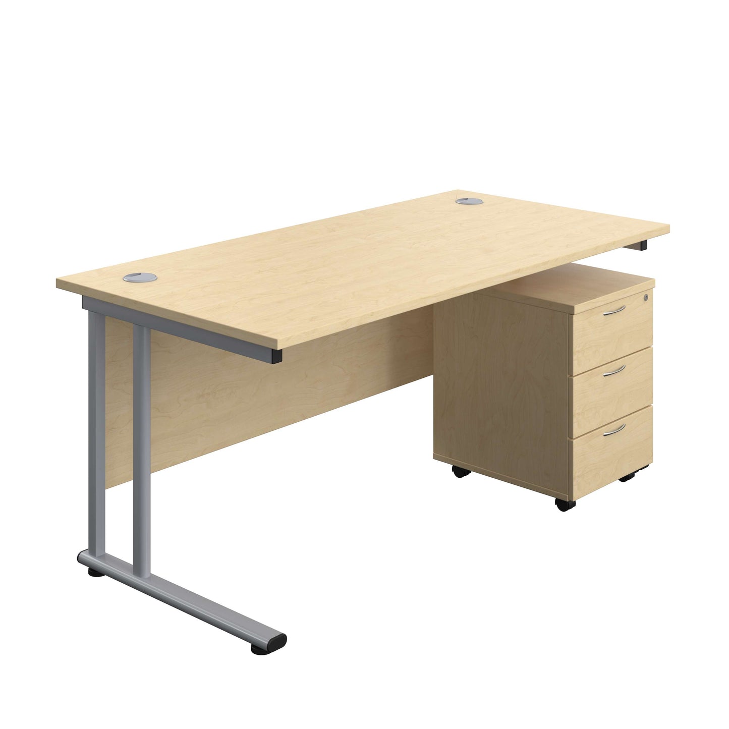 Twin Upright Rectangular Desk + Mobile 3 Drawer Pedestal (FSC) | 1600X800 | Maple/Silver
