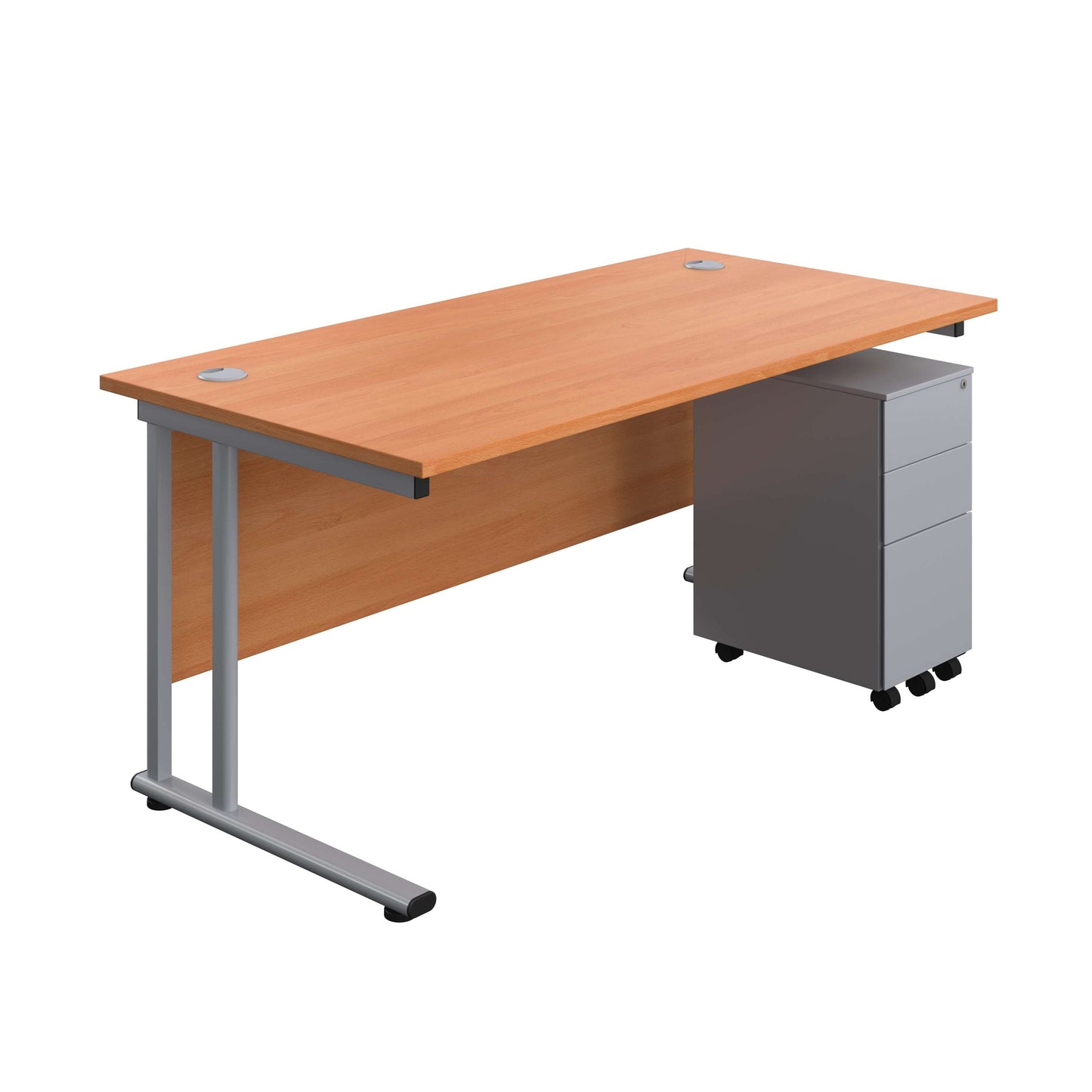 Twin Upright Rectangular Desk + Slimline Steel Pedestal 3 Drawers (FSC) | 1600X800 | Beech/Silver