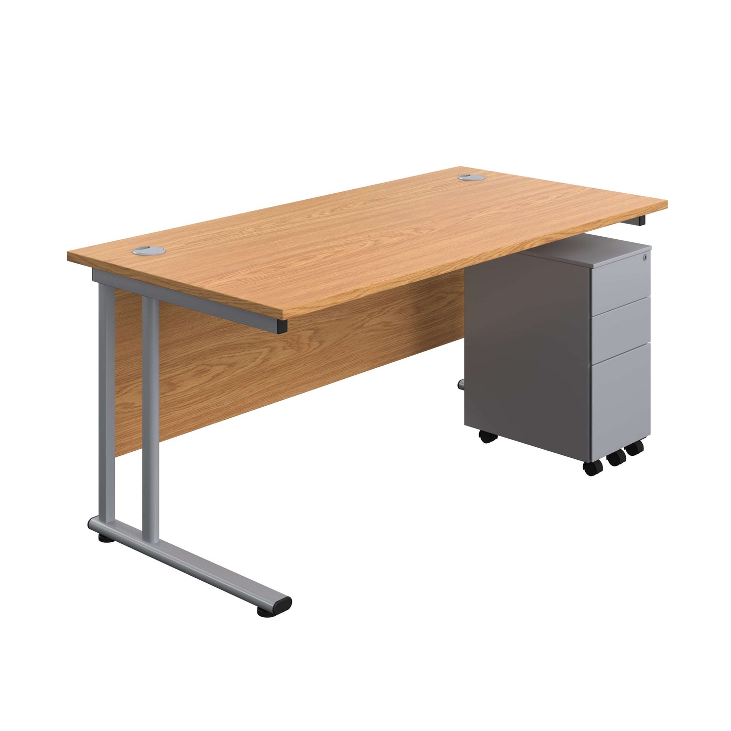Twin Upright Rectangular Desk + Slimline Steel Pedestal 3 Drawers (FSC) | 1600X800 | Nova Oak/Silver