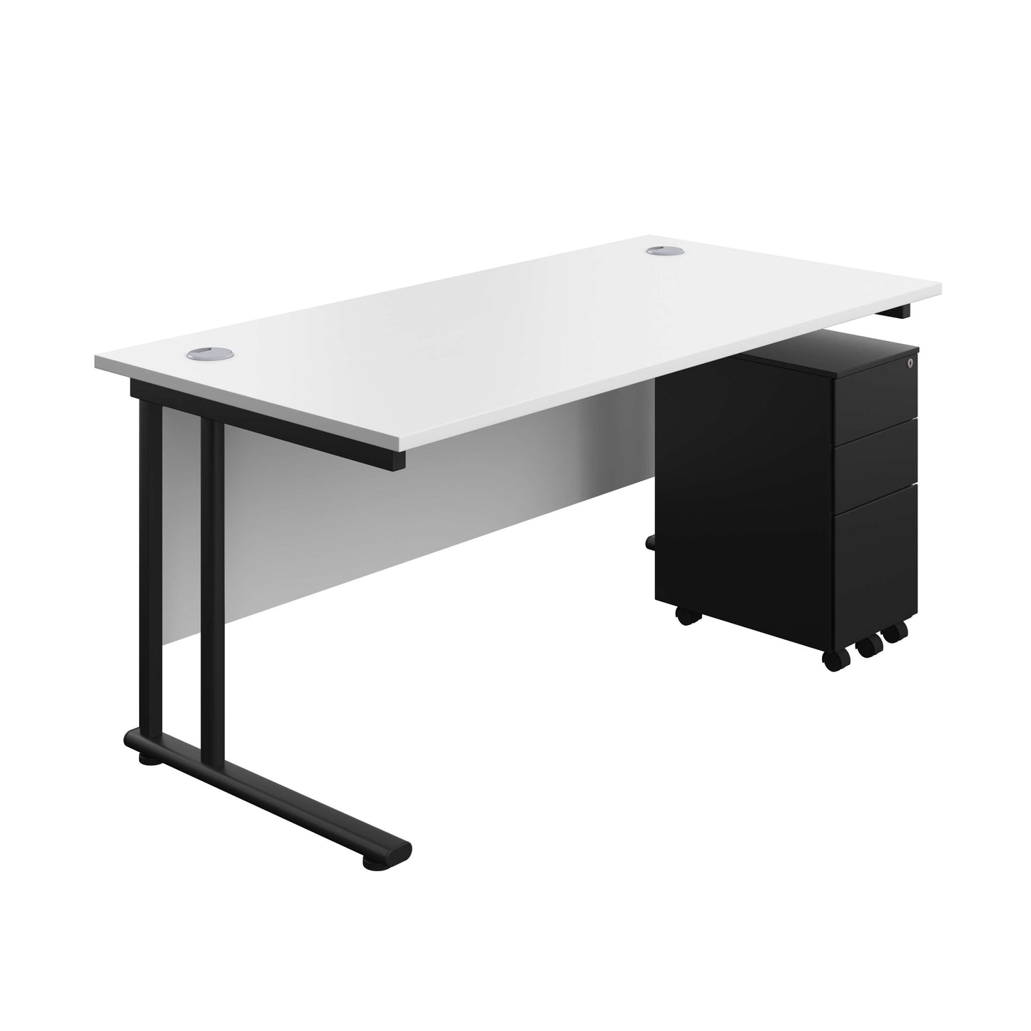 Twin Upright Rectangular Desk + Slimline Steel Pedestal 3 Drawers (FSC) | 1600X800 | White/Black