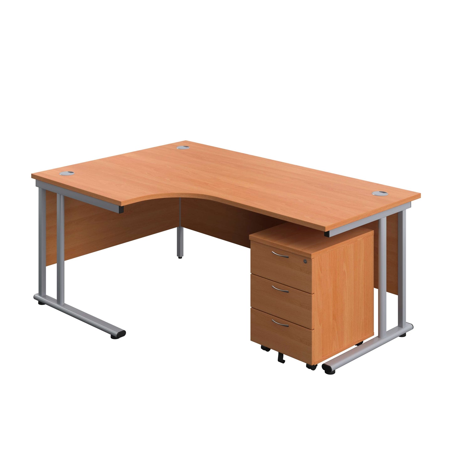 Twin Upright Left Hand Radial Desk + Mobile 3 Drawer Pedestal (FSC) | 1800X1200 | Beech/Silver