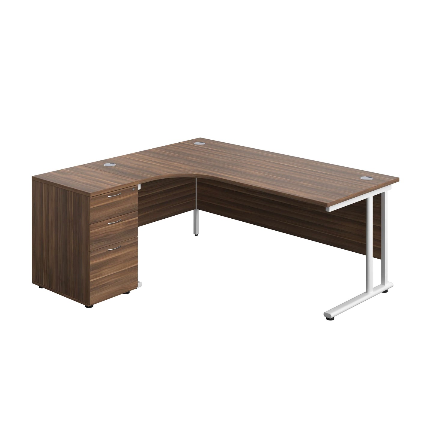Twin Upright Left Hand Radial Desk + Desk High 3 Drawer Pedestal (FSC) | 1800X1200 | 600mm Deep Pedestal | Dark Walnut/White