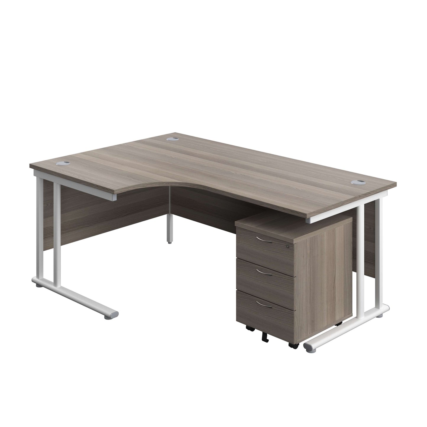 Twin Upright Left Hand Radial Desk + Mobile 3 Drawer Pedestal (FSC) | 1800X1200 | Grey Oak/White