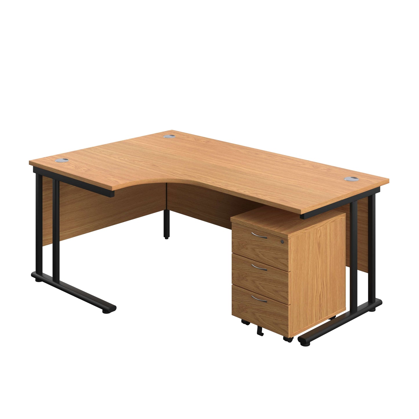 Twin Upright Left Hand Radial Desk + Mobile 3 Drawer Pedestal (FSC) | 1800X1200 | Nova Oak/Black