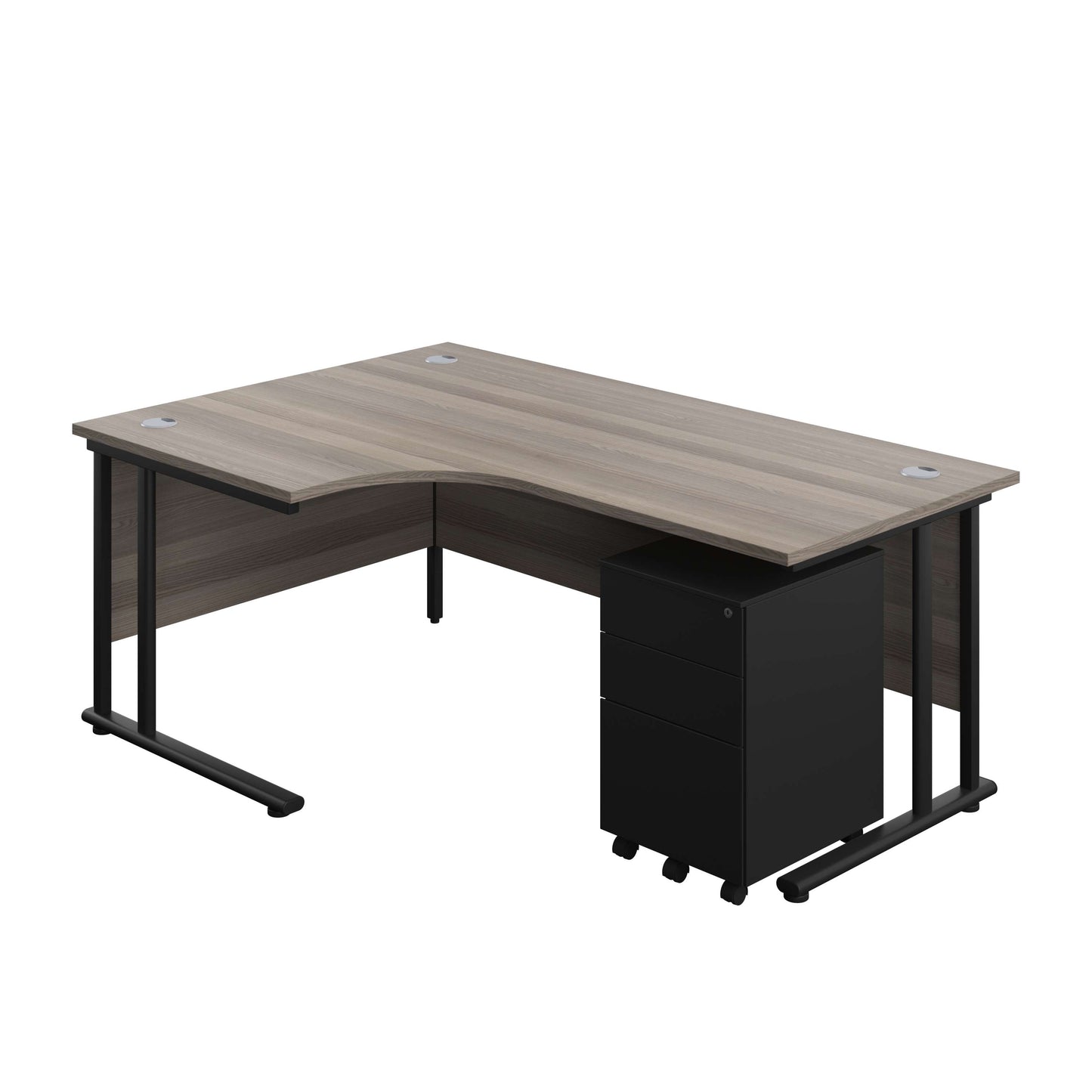 Twin Upright Left Hand Radial Desk + Under Desk Steel Pedestal 3 Drawers (FSC) | 1800X1200 | Grey Oak/Black