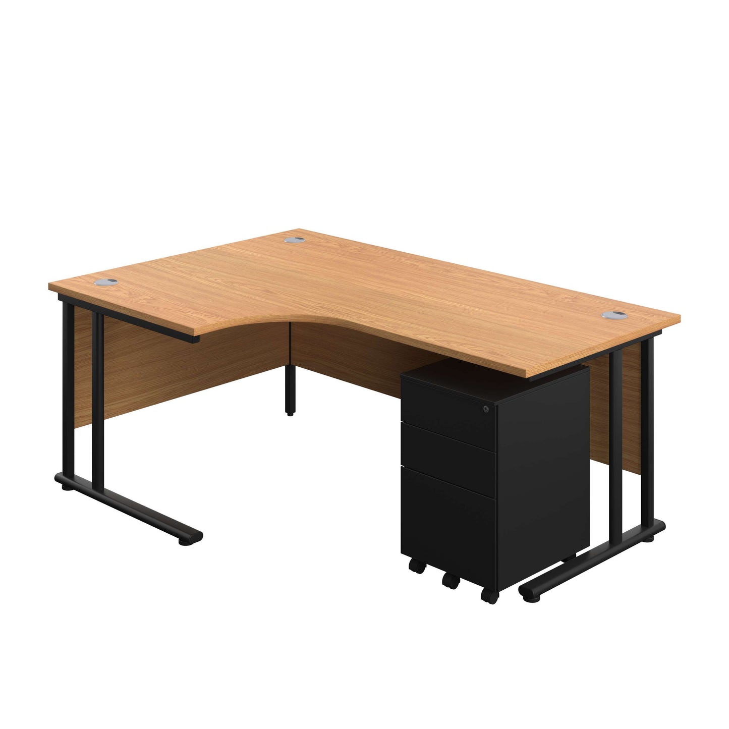 Twin Upright Left Hand Radial Desk + Under Desk Steel Pedestal 3 Drawers (FSC) | 1800X1200 | Nova Oak/Black