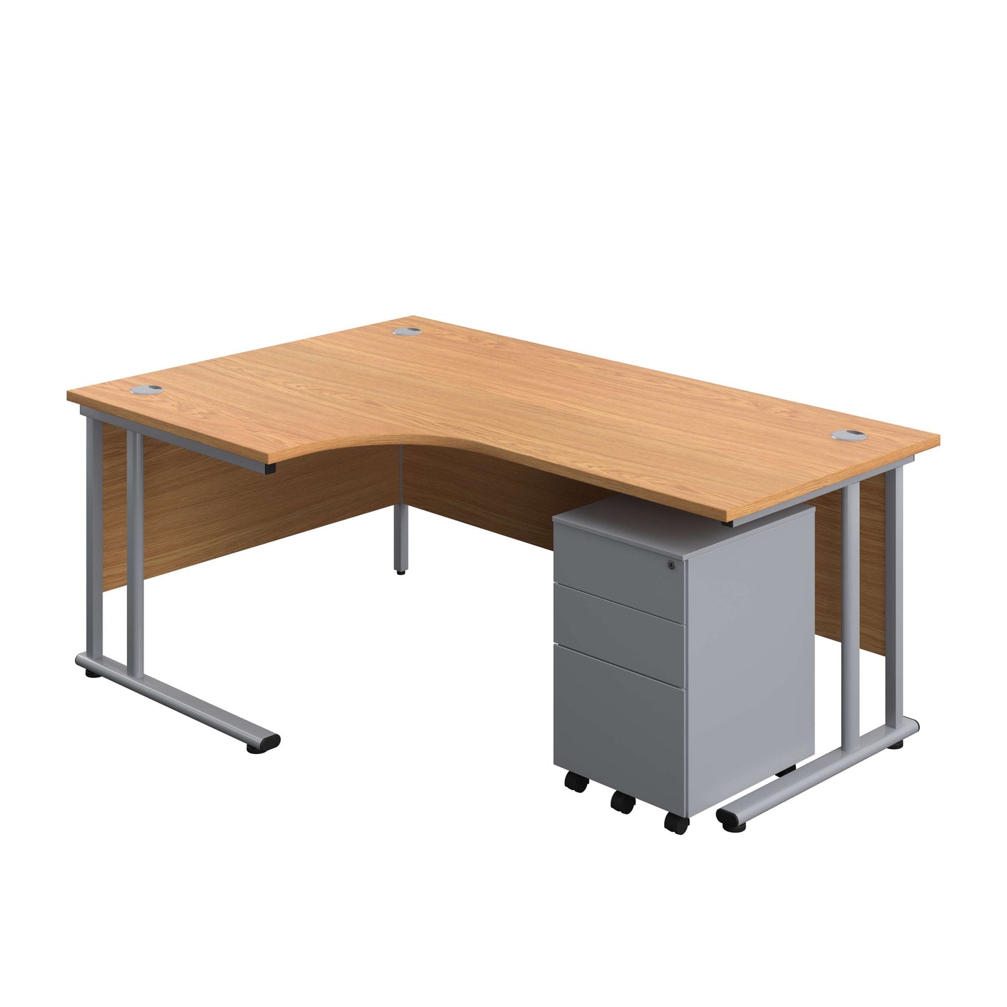 Twin Upright Left Hand Radial Desk + Under Desk Steel Pedestal 3 Drawers (FSC) | 1800X1200 | Nova Oak/Silver