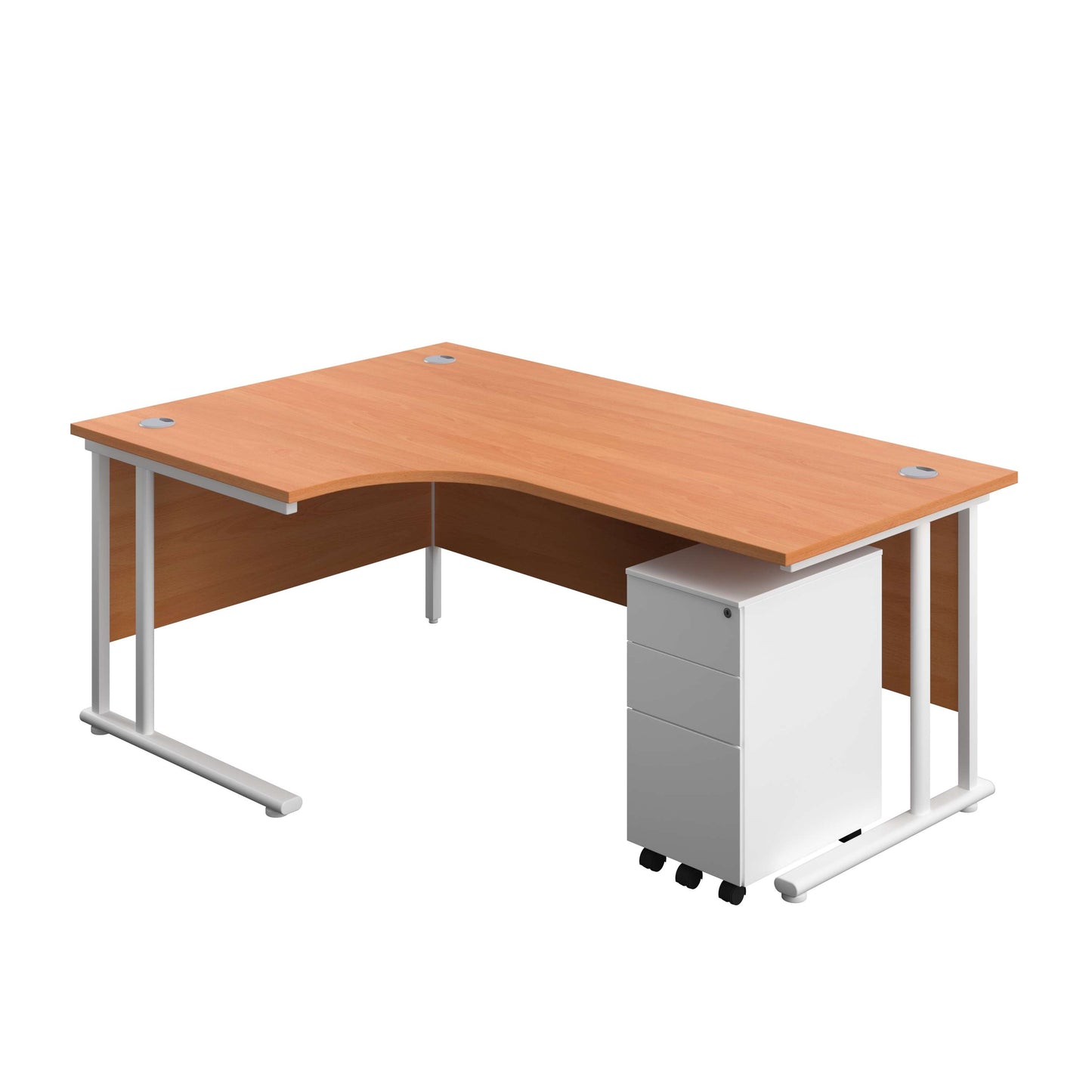 Twin Upright Left Hand Radial Desk + Slimline Steel Pedestal 3 Drawers (FSC) | 1800X1200 | Beech/White