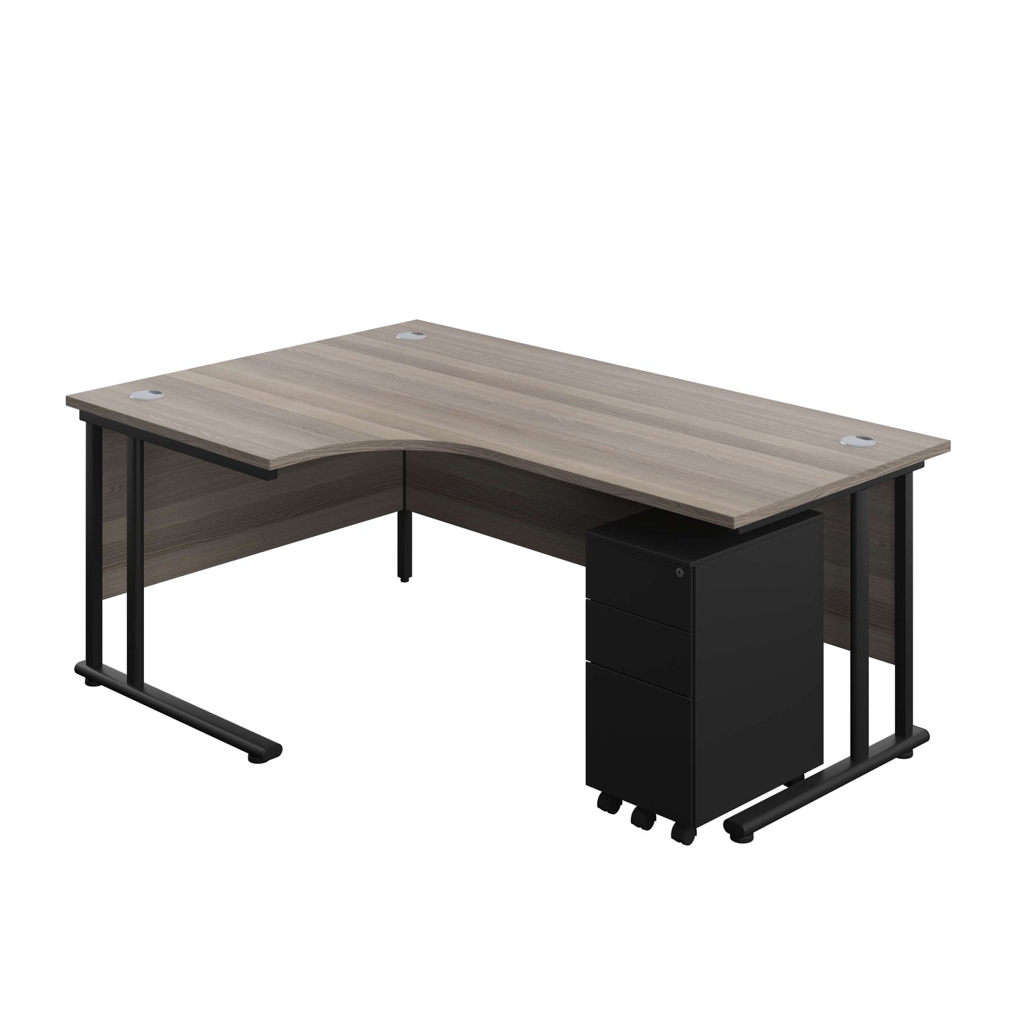 Twin Upright Left Hand Radial Desk + Slimline Steel Pedestal 3 Drawers (FSC) | 1800X1200 | Grey Oak/Black
