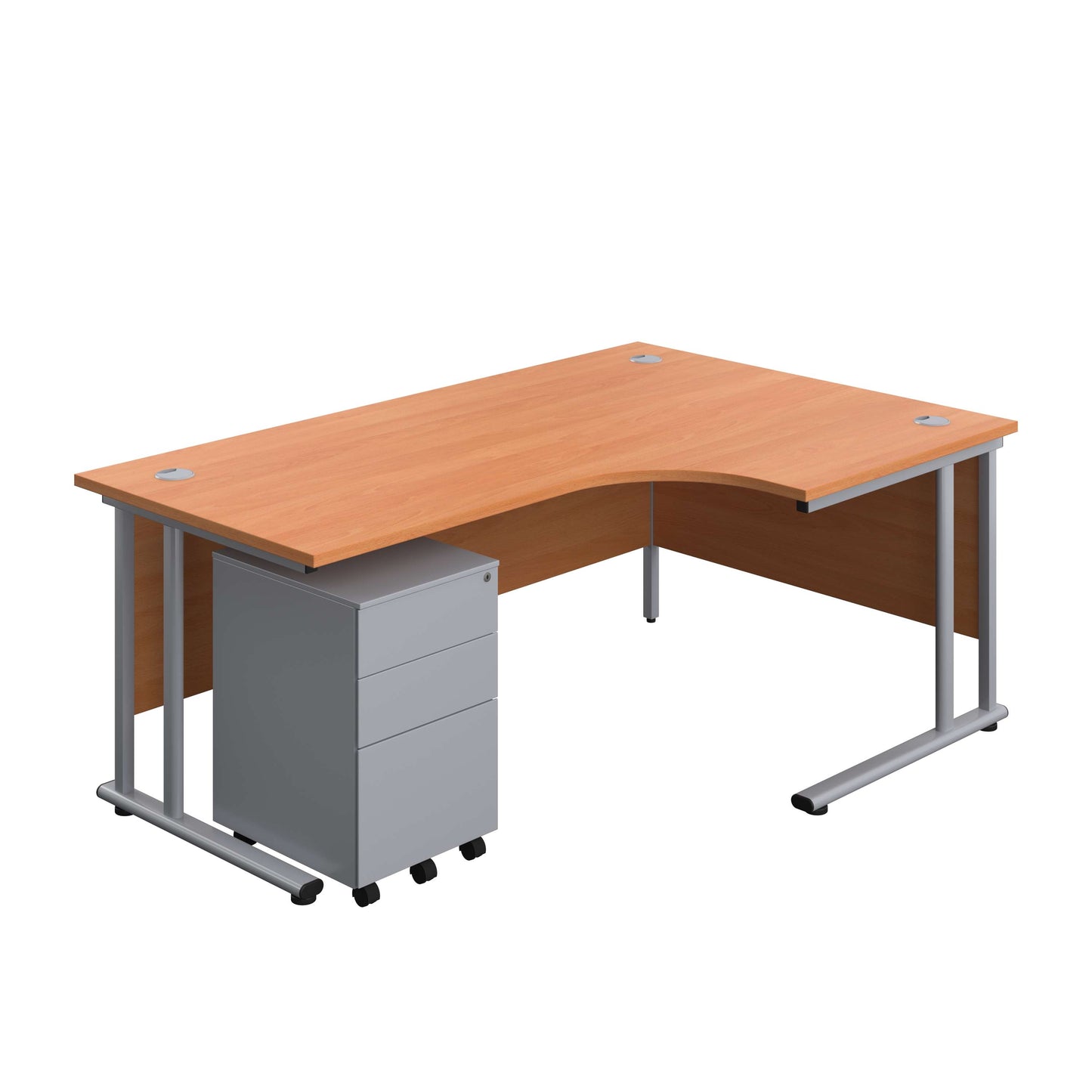 Twin Upright Right Hand Radial Desk + Under Desk Steel Pedestal 3 Drawers (FSC) | 1800X1200 | Beech/Silver