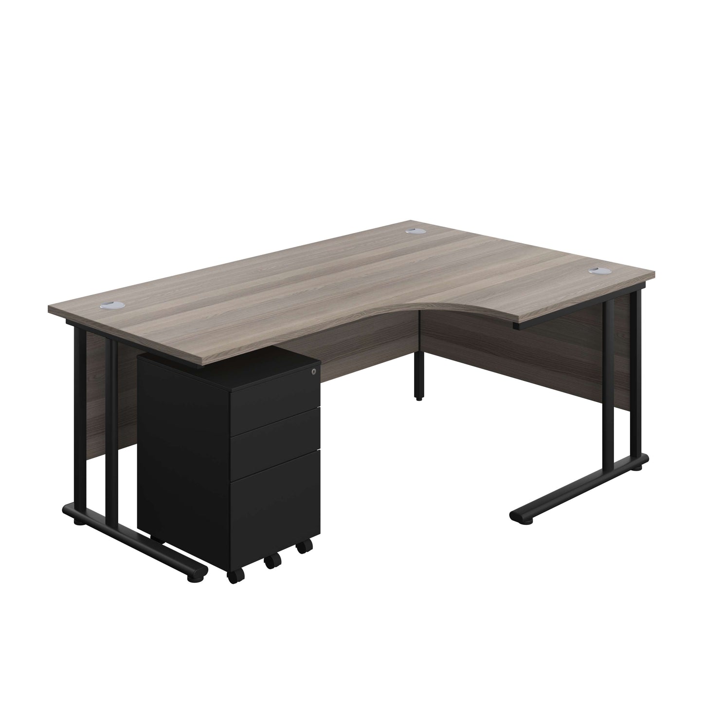 Twin Upright Right Hand Radial Desk + Under Desk Steel Pedestal 3 Drawers (FSC) | 1800X1200 | Grey Oak/Black