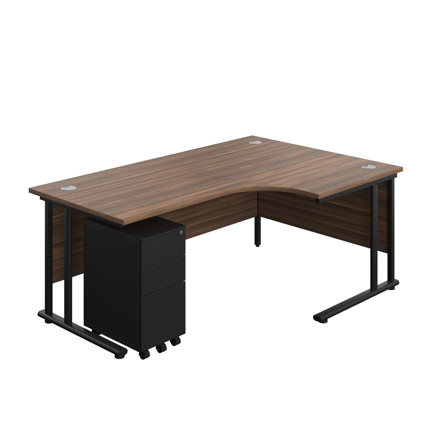 Twin Upright Right Hand Radial Desk + Slimline Steel Pedestal 3 Drawers (FSC) | 1800X1200 | Dark Walnut/Black