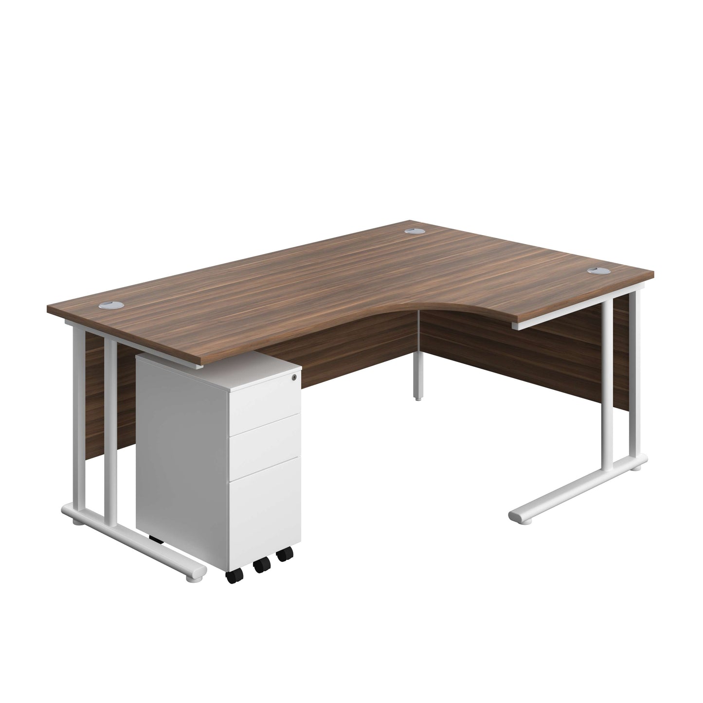 Twin Upright Right Hand Radial Desk + Slimline Steel Pedestal 3 Drawers (FSC) | 1800X1200 | Dark Walnut/White