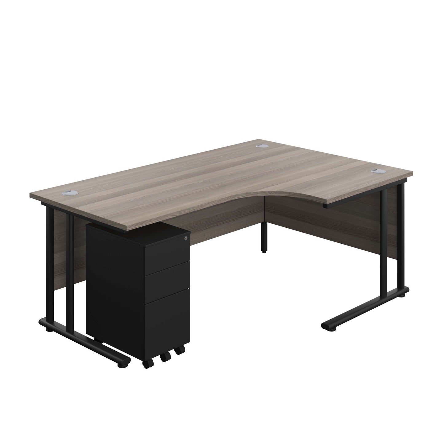 Twin Upright Right Hand Radial Desk + Slimline Steel Pedestal 3 Drawers (FSC) | 1800X1200 | Grey Oak/Black