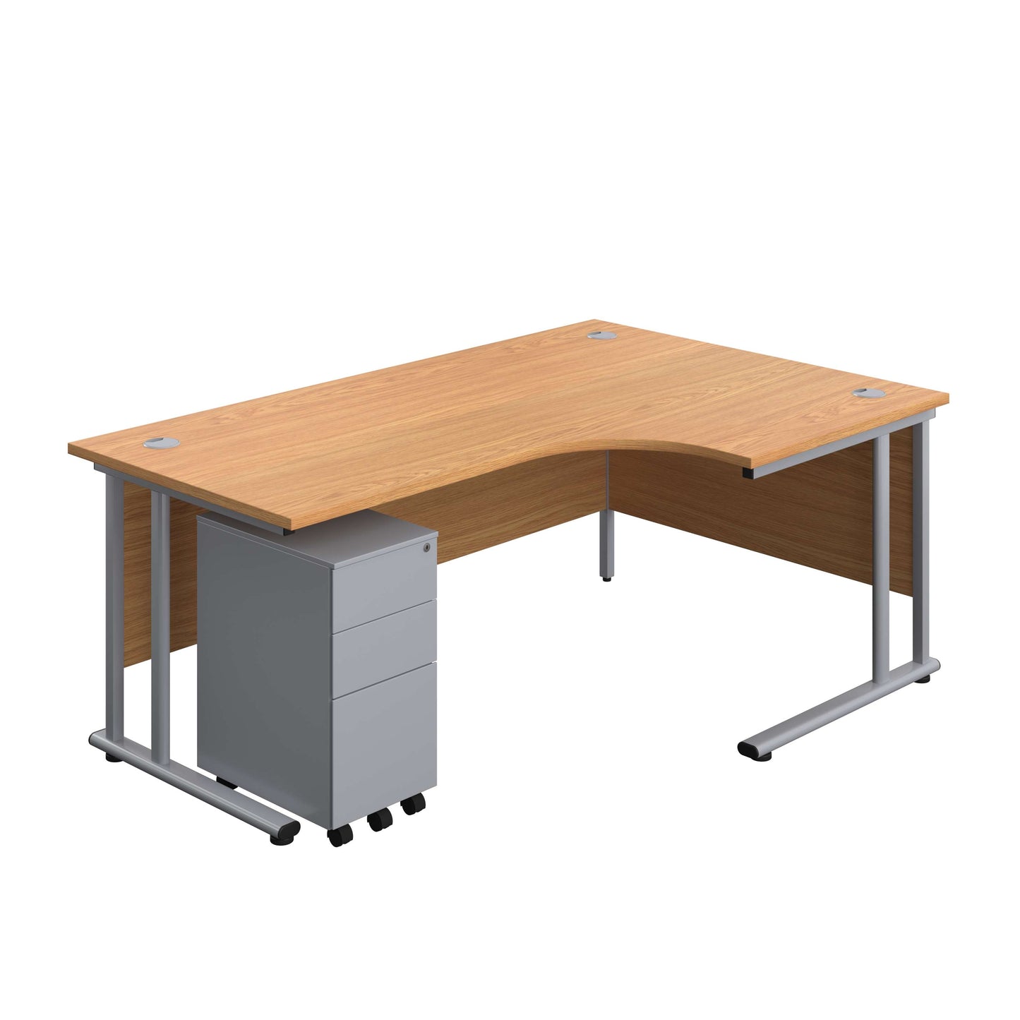 Twin Upright Right Hand Radial Desk + Slimline Steel Pedestal 3 Drawers (FSC) | 1800X1200 | Nova Oak/Silver