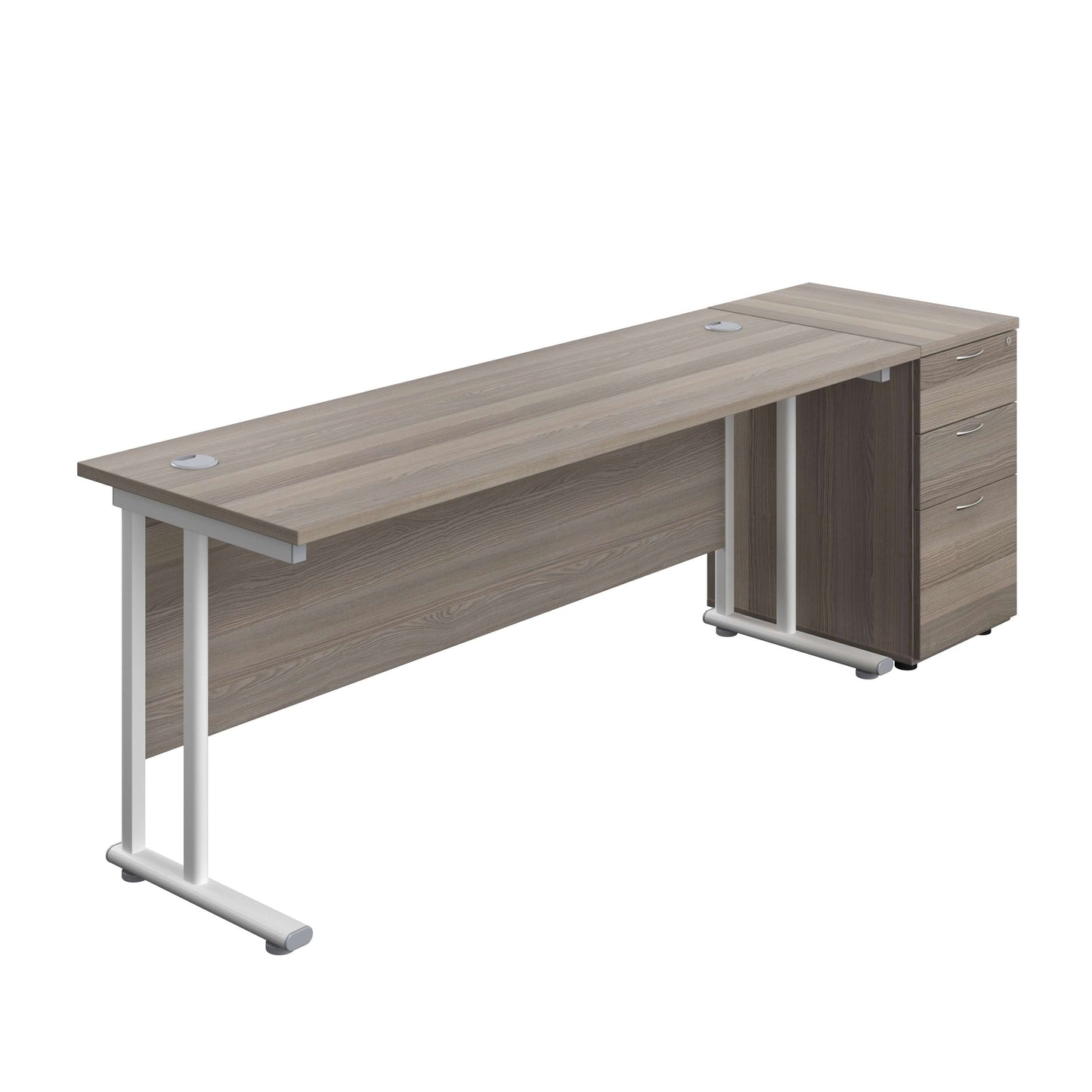 Twin Upright Rectangular Desk + Desk High 3 Drawer Pedestal (FSC) | 1800X600 | Grey Oak/White